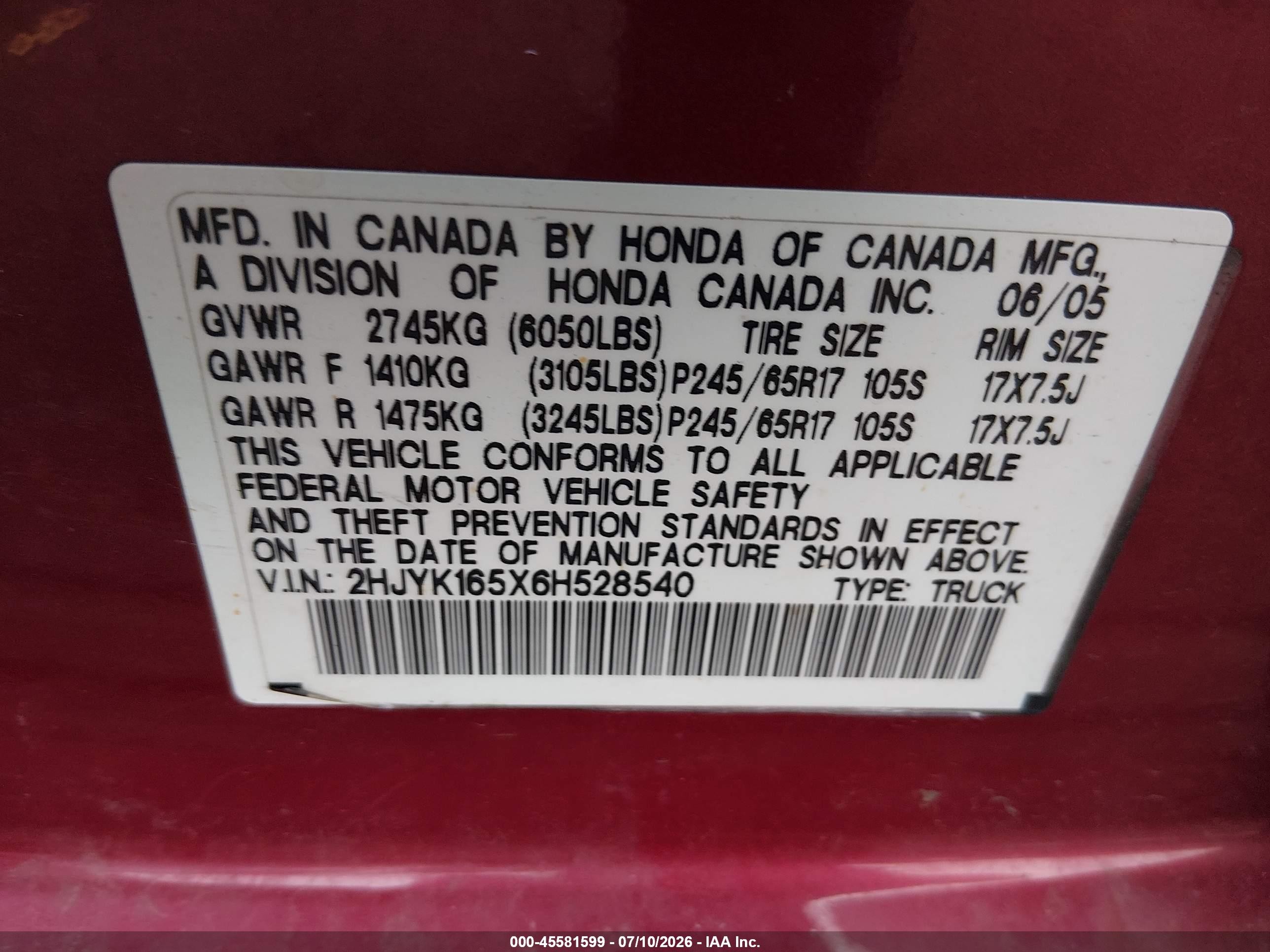 2006 Honda Ridgeline Rtl Красный vin: 2HJYK165X6H528540