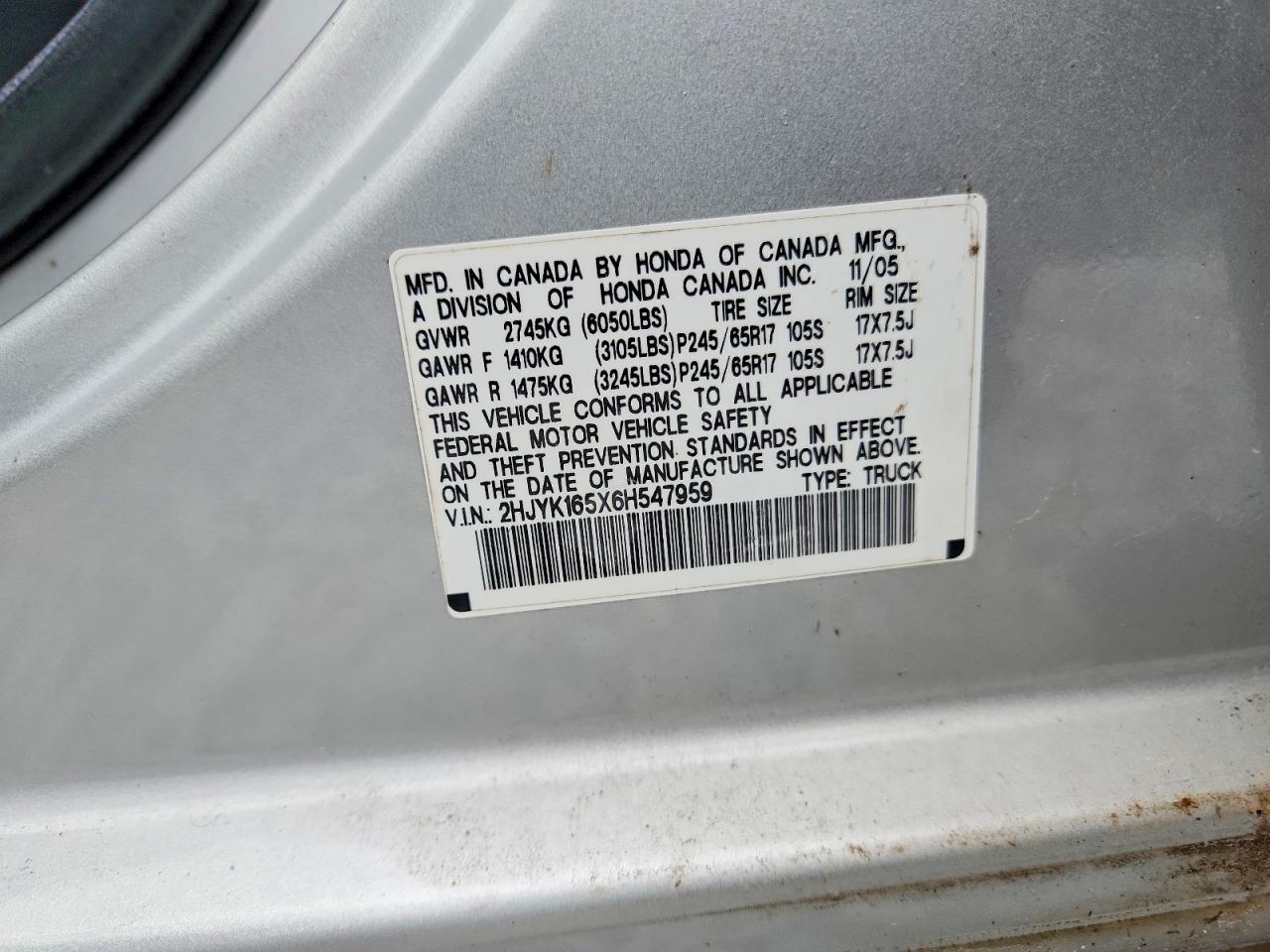 2006 Honda Ridgeline Rtl Silver vin: 2HJYK165X6H547959