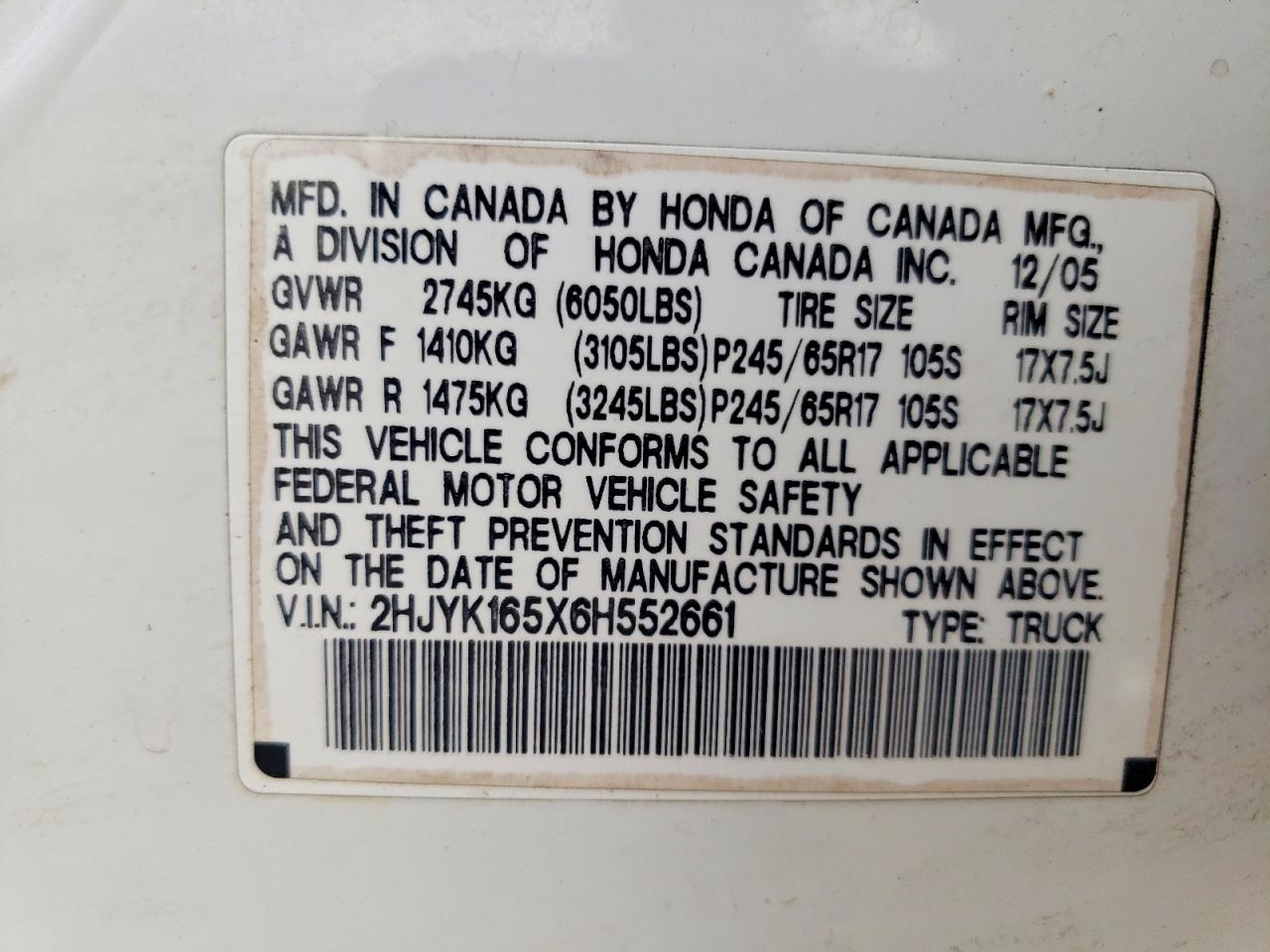 2006 Honda Ridgeline Белый vin: 2HJYK165X6H552661