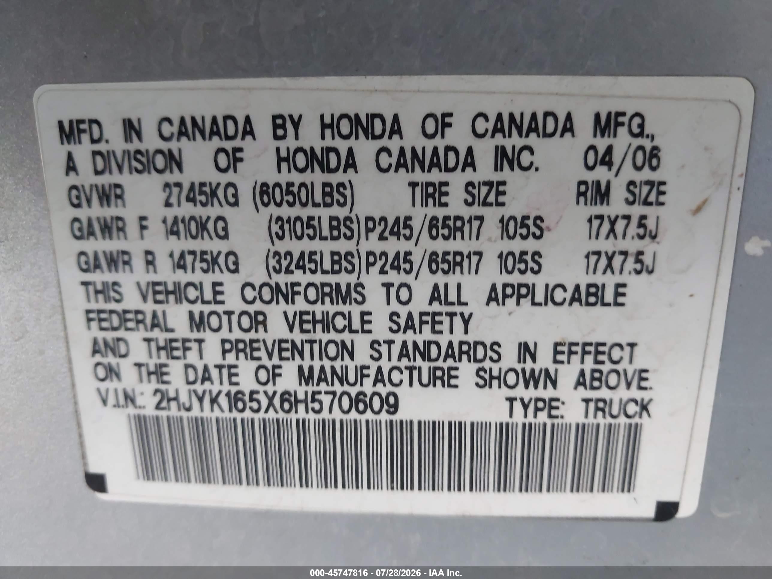 2006 Honda Ridgeline Rtl Silver vin: 2HJYK165X6H570609