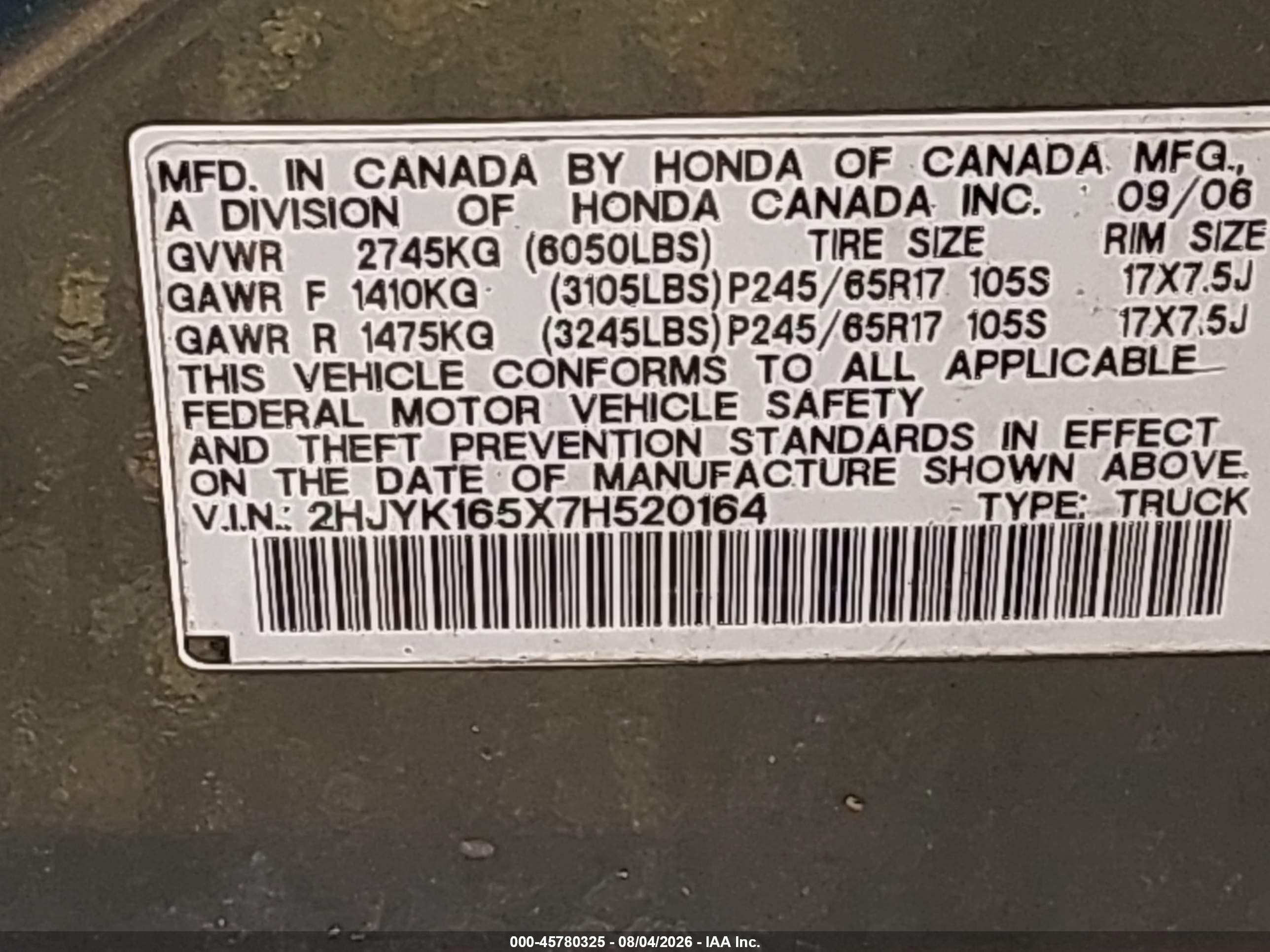 2007 Honda Ridgeline Rtl Green vin: 2HJYK165X7H520164
