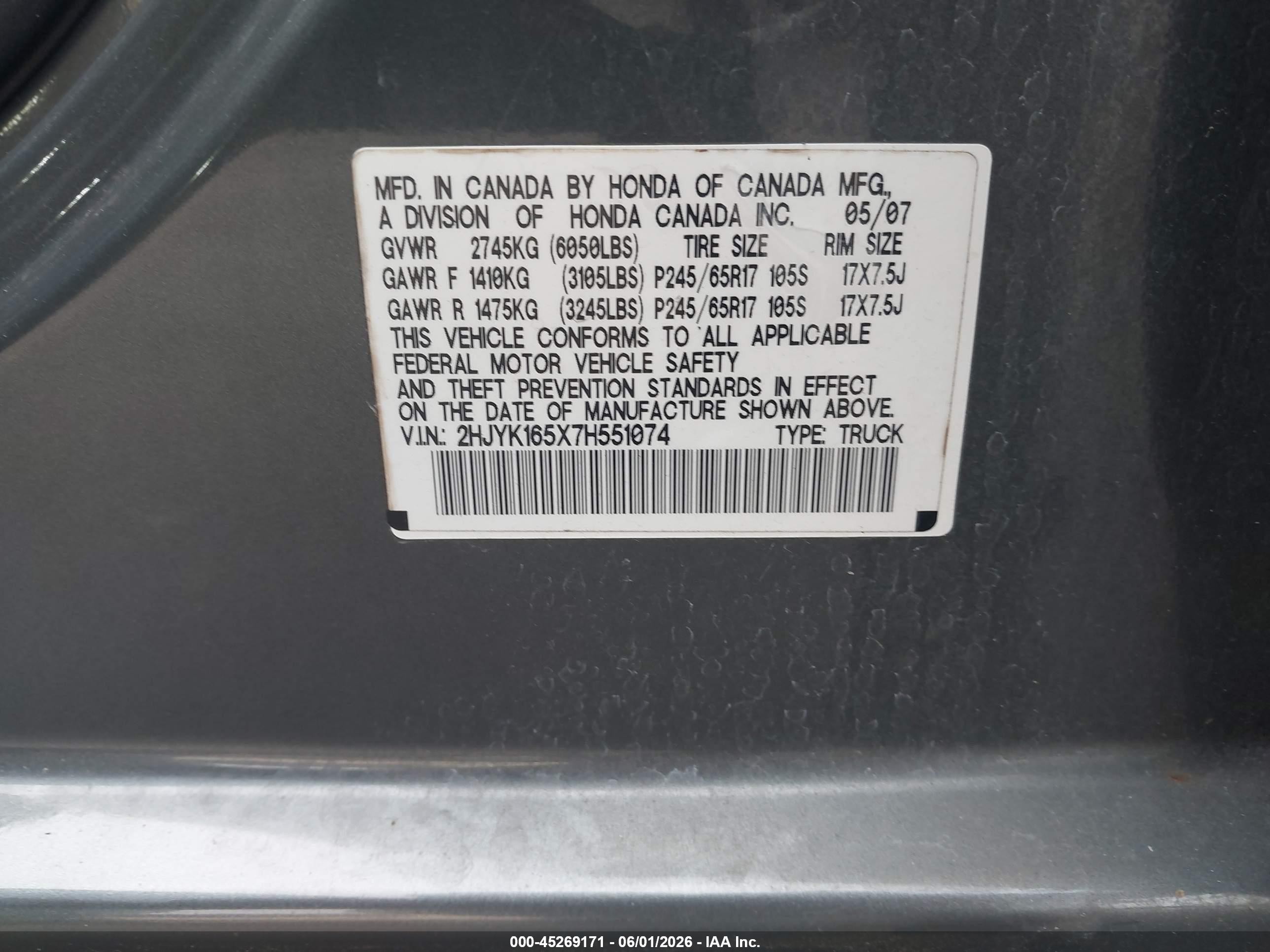 2007 Honda Ridgeline Rtl Gray vin: 2HJYK165X7H551074