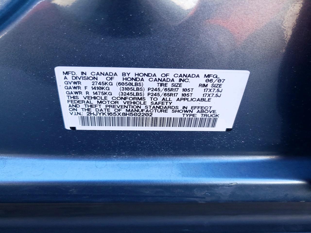 2008 Honda Ridgeline Rtl Blue vin: KL79MUSL1SB098258