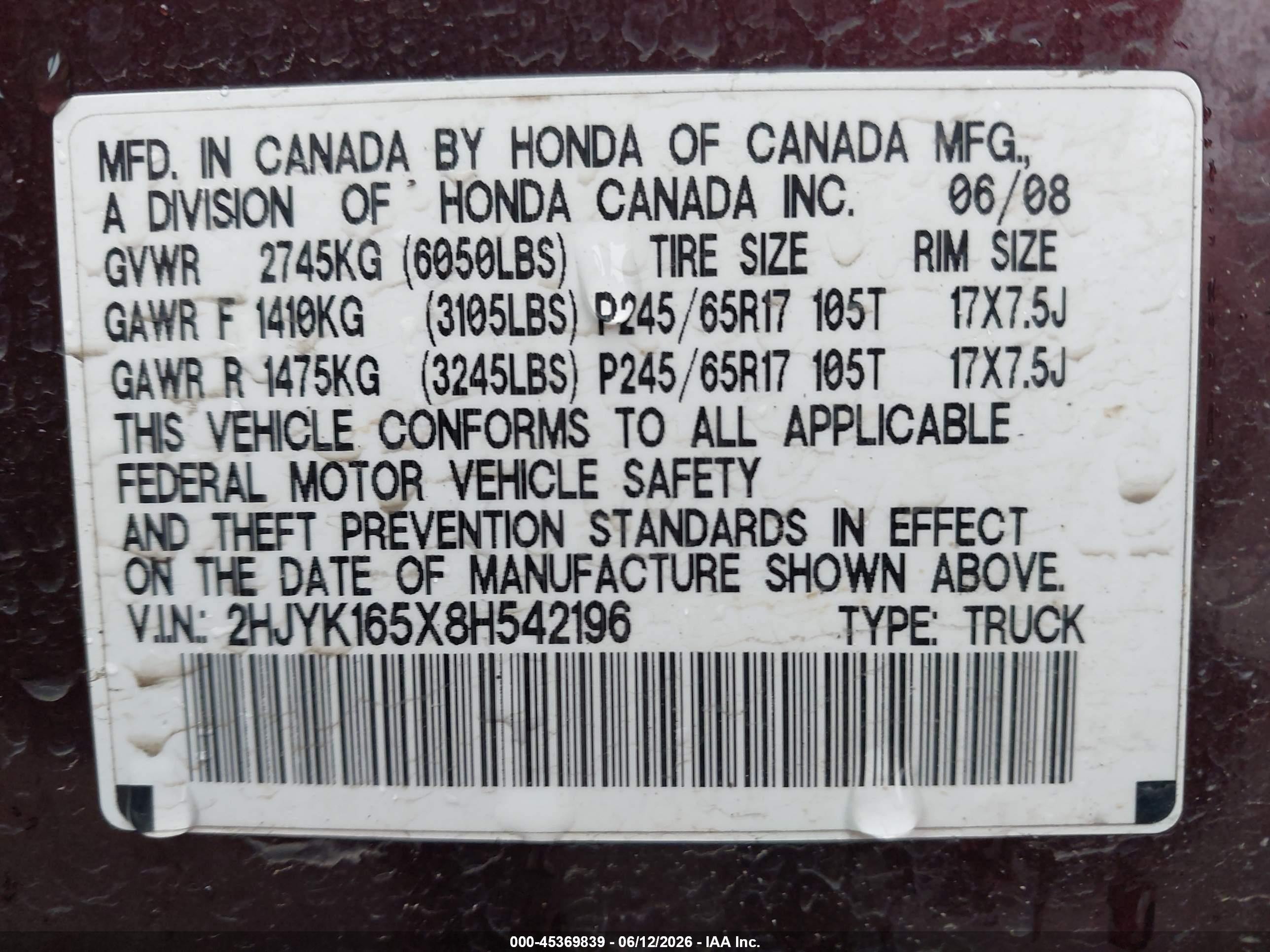 2008 Honda Ridgeline Rtl Maroon vin: 2HJYK165X8H542196