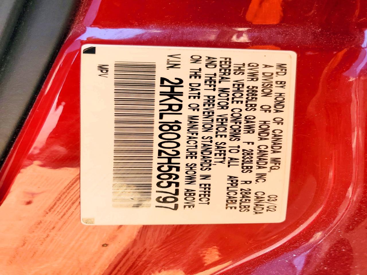2002 Honda Odyssey Exl Red vin: 2HKRL18002H565797