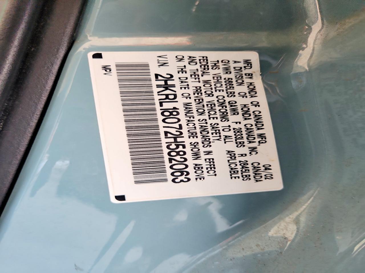 2002 Honda Odyssey Exl Turquoise vin: 2HKRL18072H582063