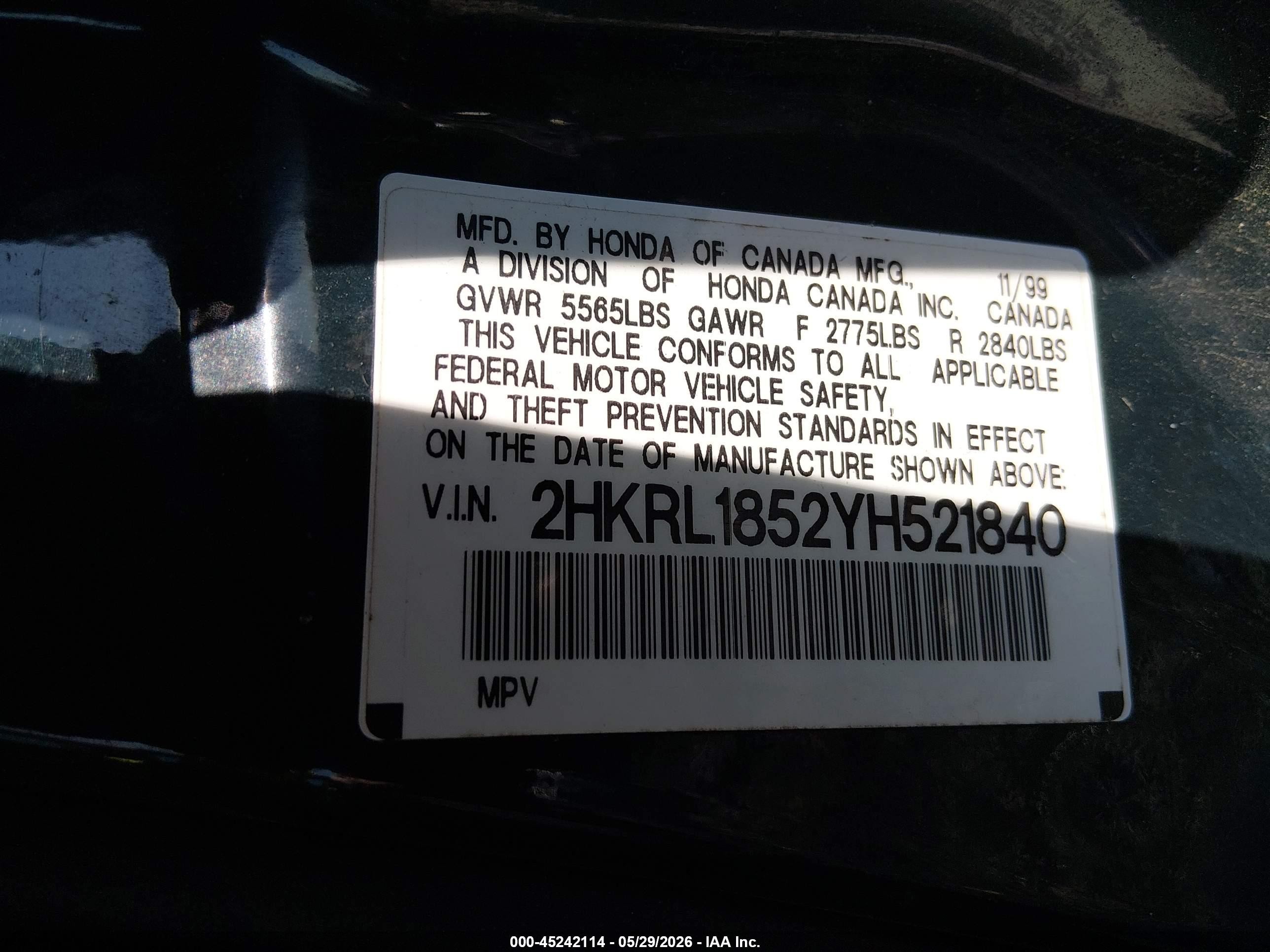 2000 Honda Odyssey Lx Green vin: 2HKRL1852YH521840