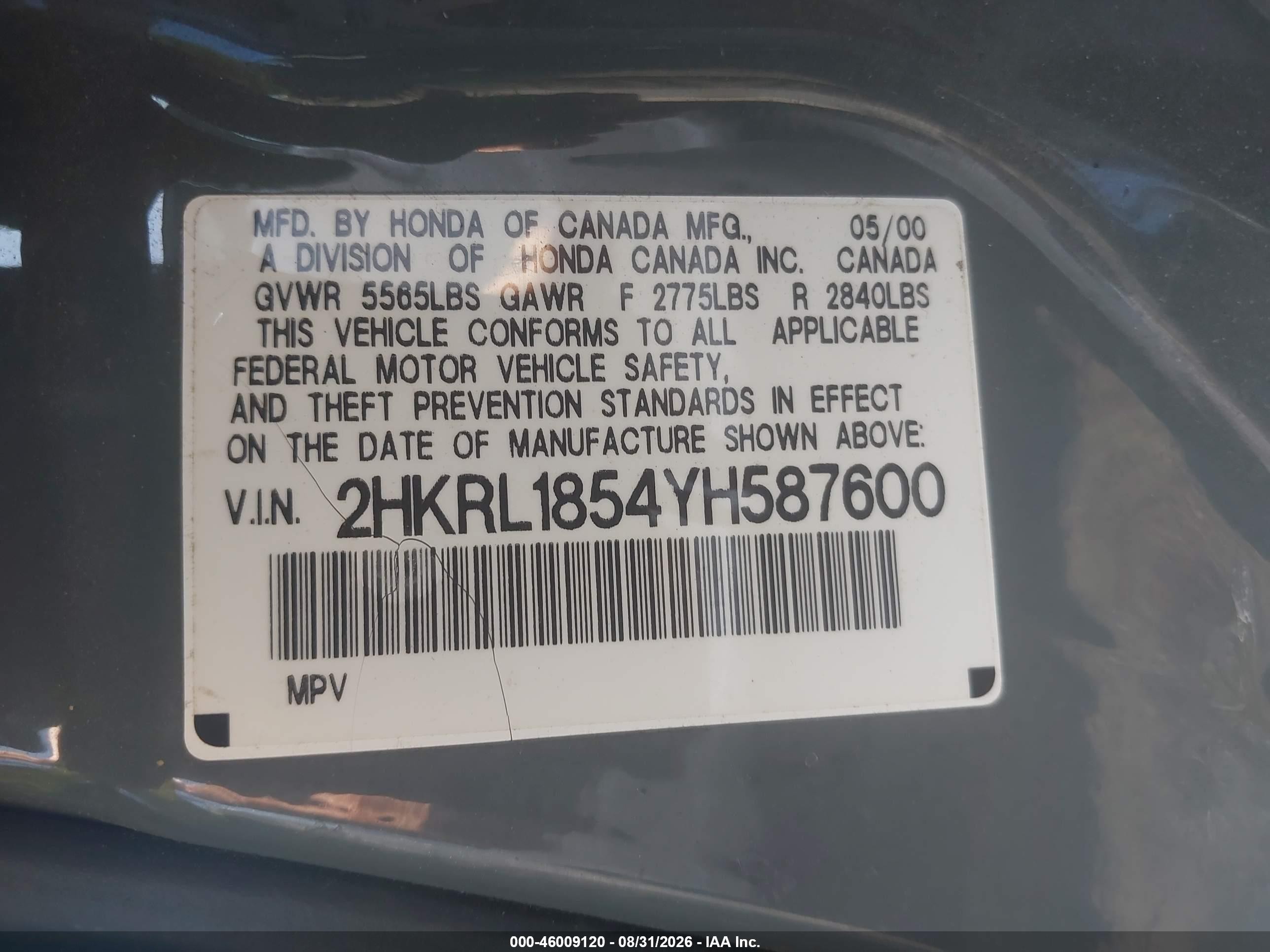 2000 Honda Odyssey Lx Gray vin: 2HKRL1854YH587600