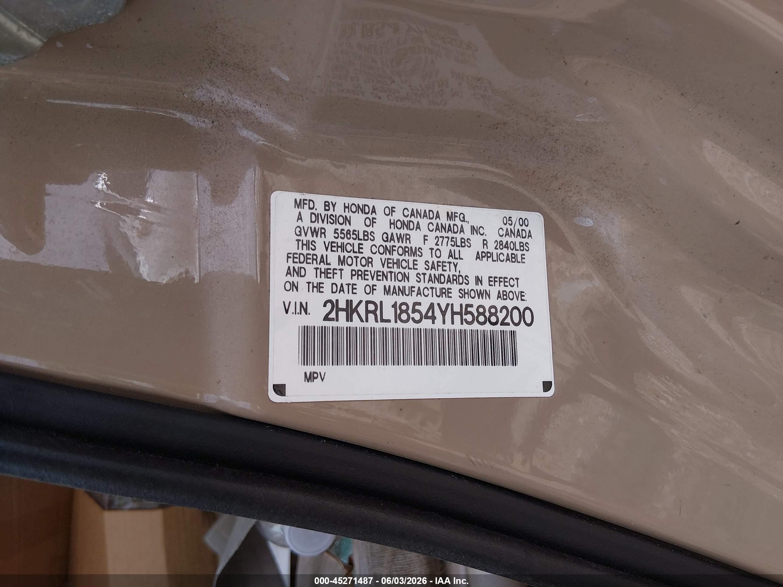 2000 Honda Odyssey Lx Золотой vin: 2HKRL1854YH588200