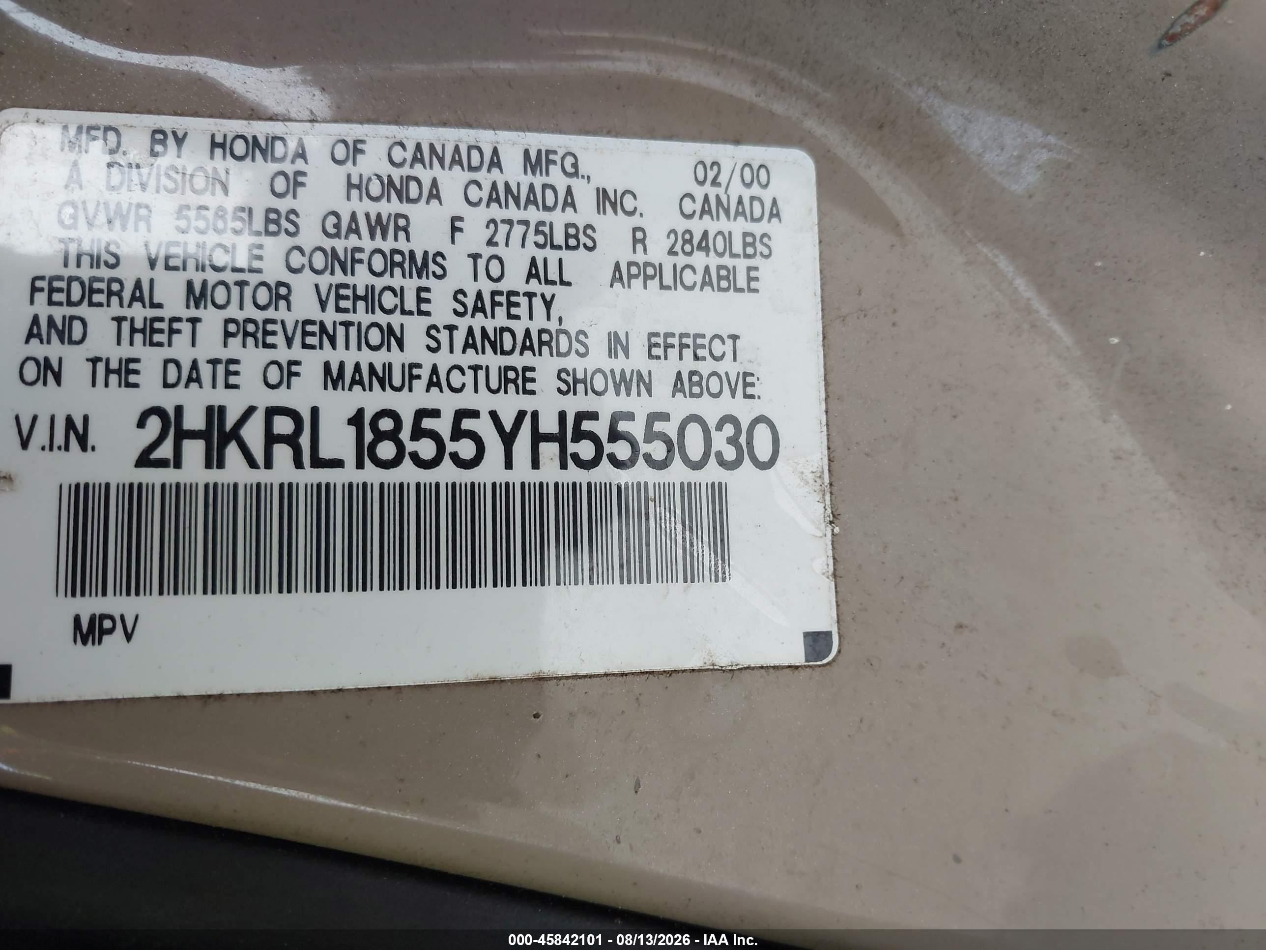 2000 Honda Odyssey Lx Золотой vin: 2HKRL1855YH555030