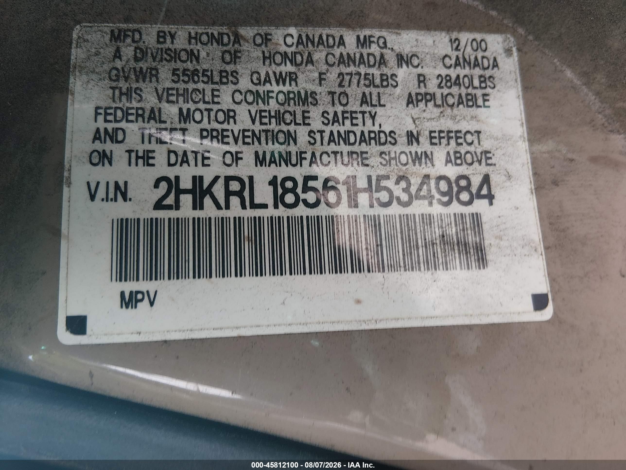 2001 Honda Odyssey Lx Золотой vin: 2HKRL18561H534984