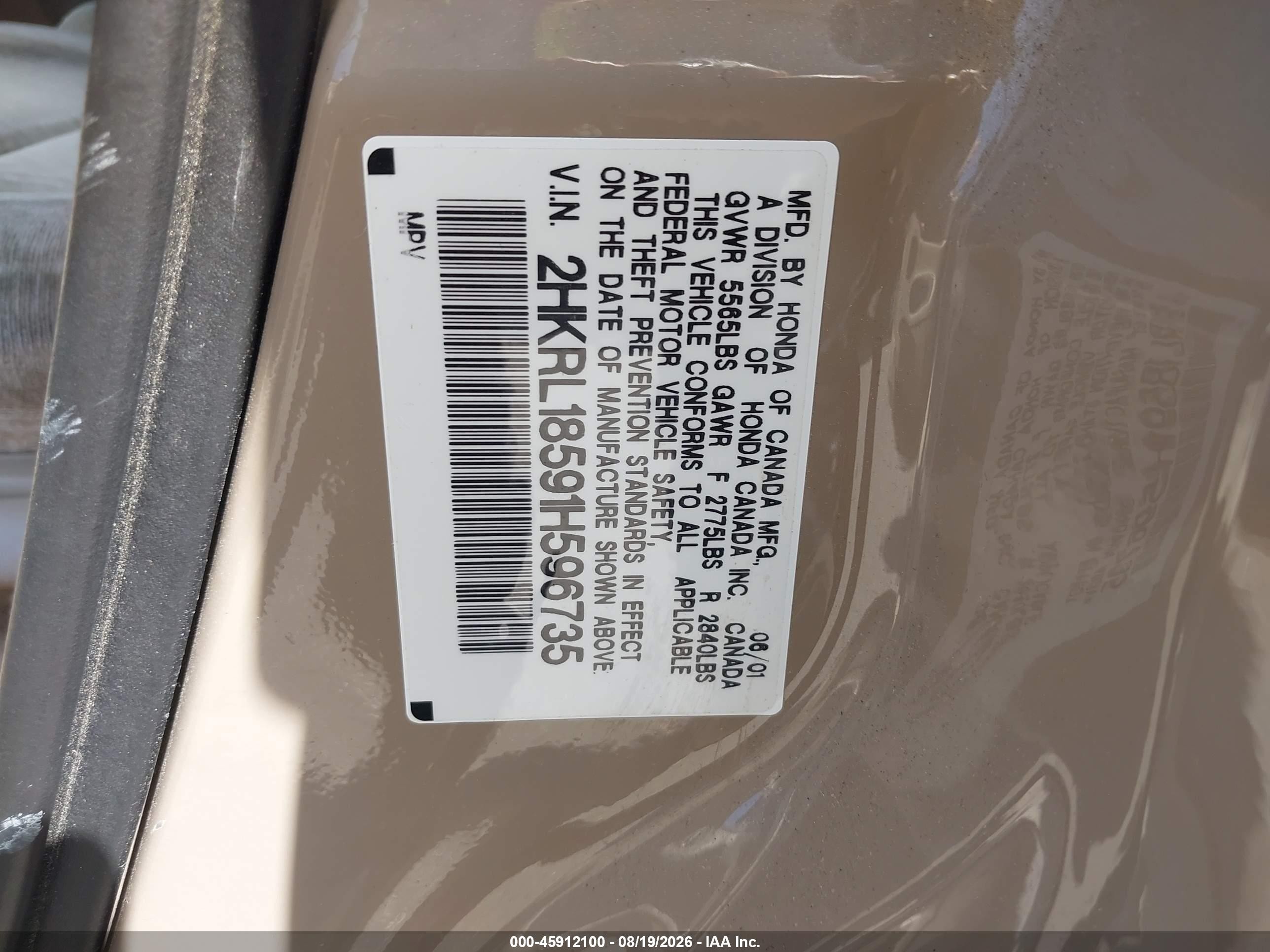 2001 Honda Odyssey Lx Gold vin: 2HKRL18591H596735