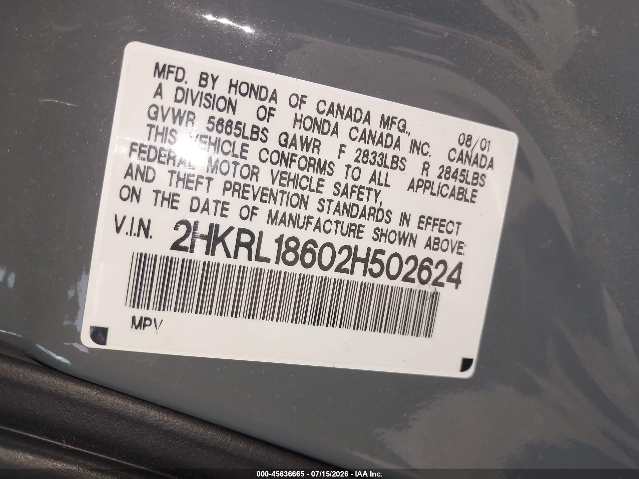 2002 Honda Odyssey Ex Gray vin: 2HKRL18602H502624