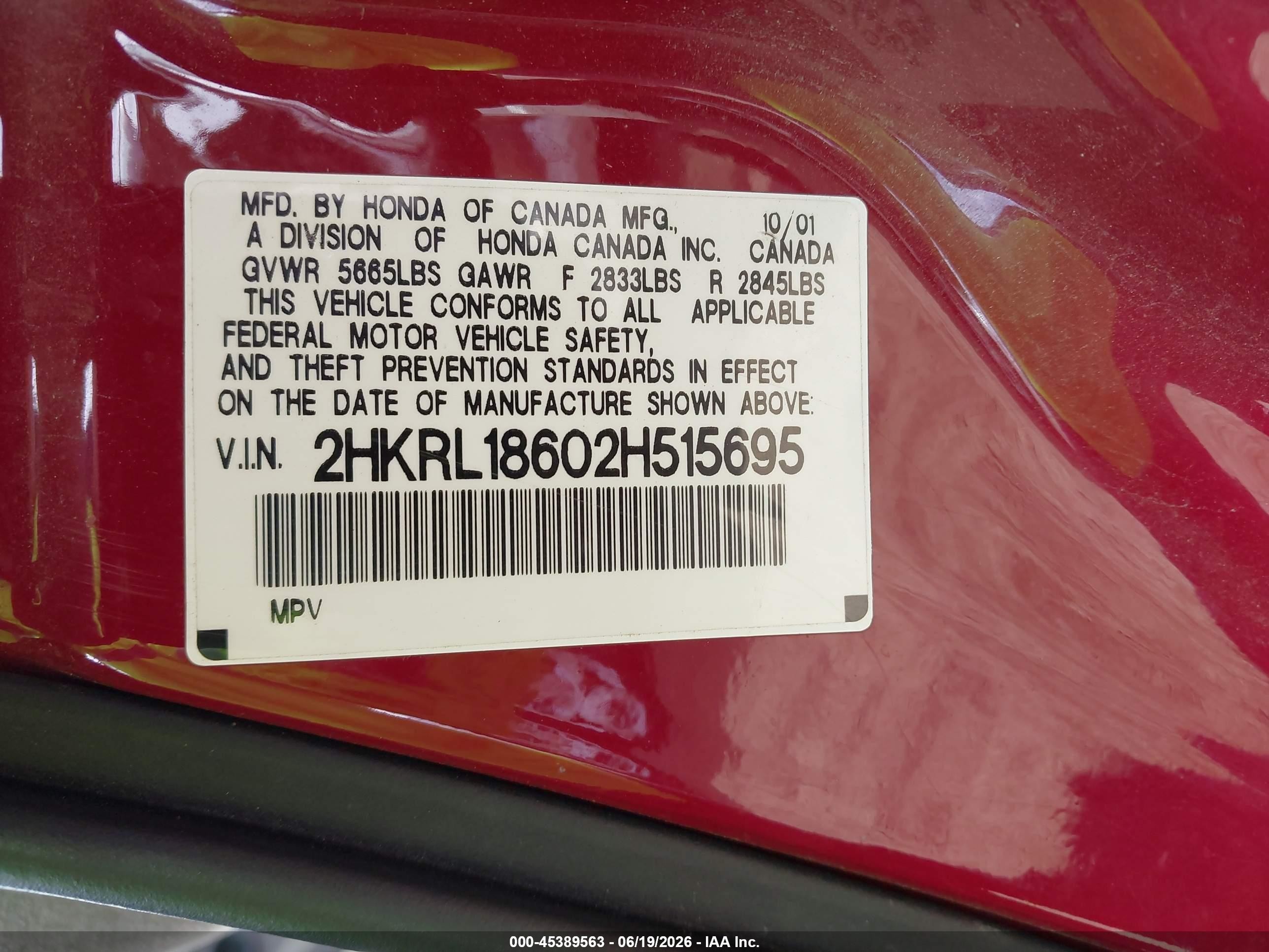 2002 Honda Odyssey Ex Red vin: 2HKRL18602H515695