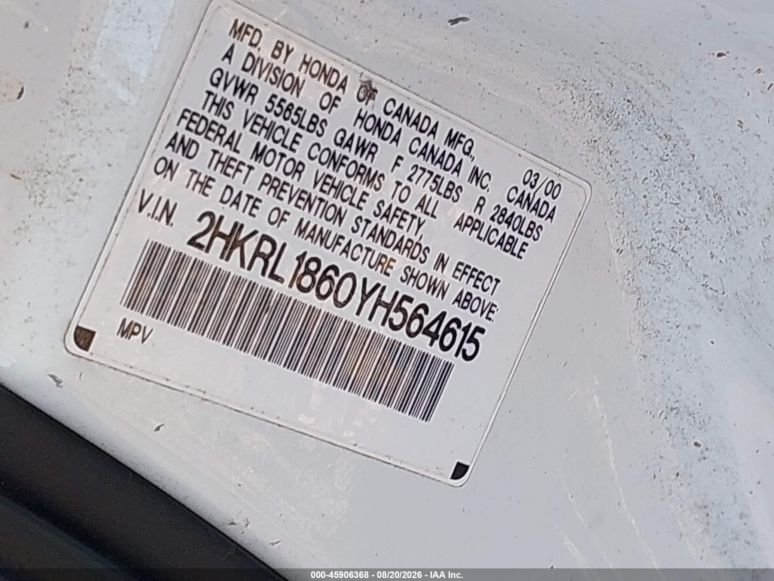 2000 Honda Odyssey Ex White vin: 2HKRL1860YH564615