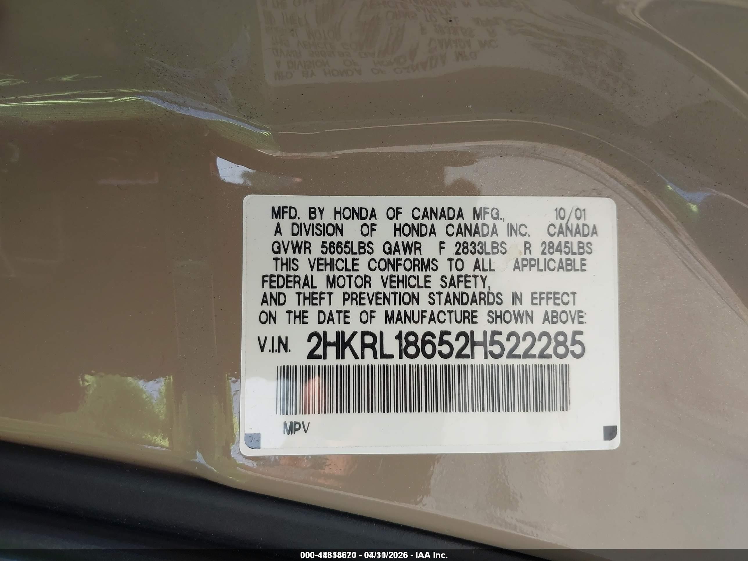 2002 Honda Odyssey Ex Gold vin: 2HKRL18652H522285