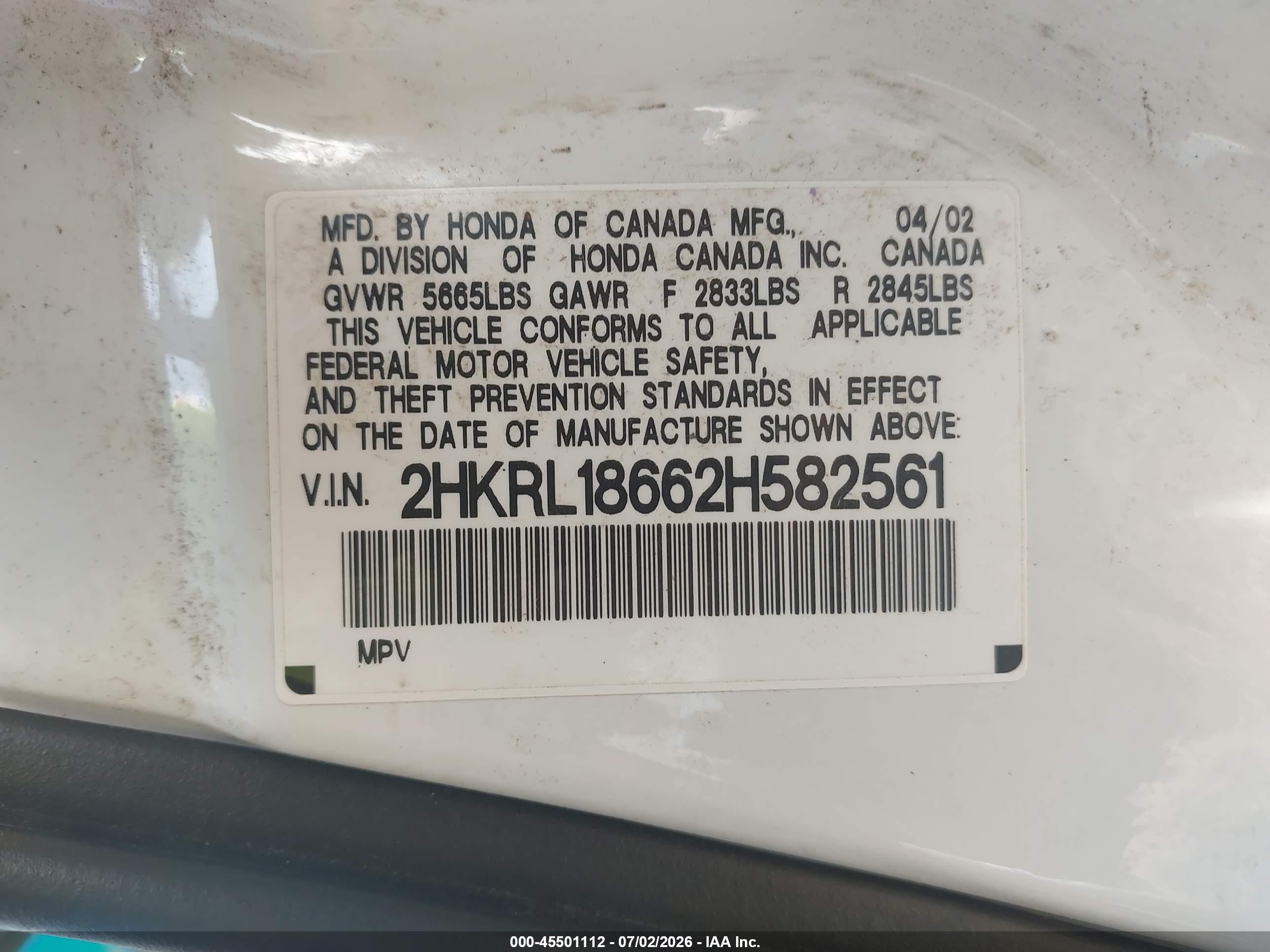 2002 Honda Odyssey Ex White vin: 2HKRL18662H582561