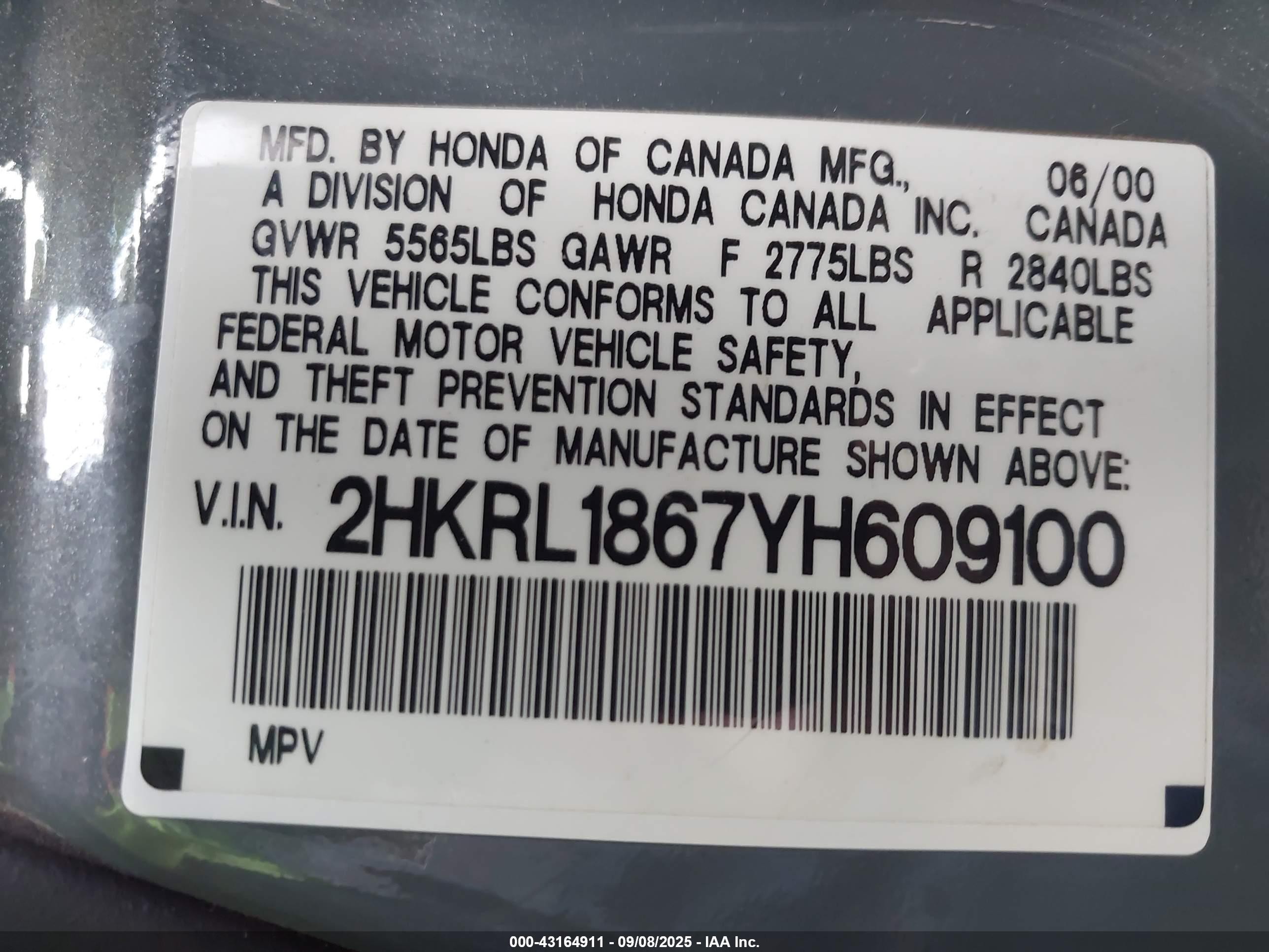 2000 Honda Odyssey Ex Gray vin: 2HKRL1867YH609100