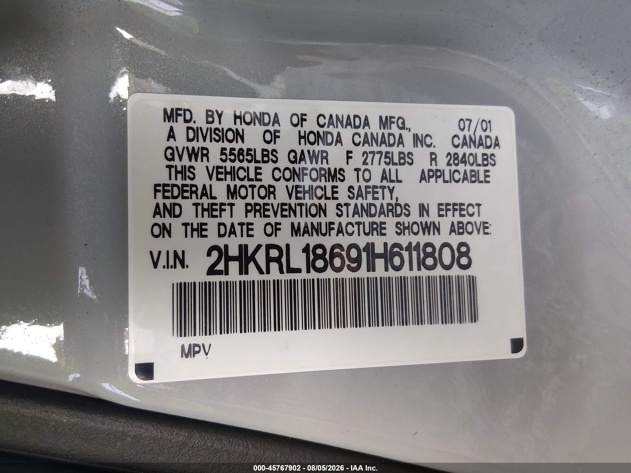 2001 Honda Odyssey Ex Silver vin: 2HKRL18691H611808