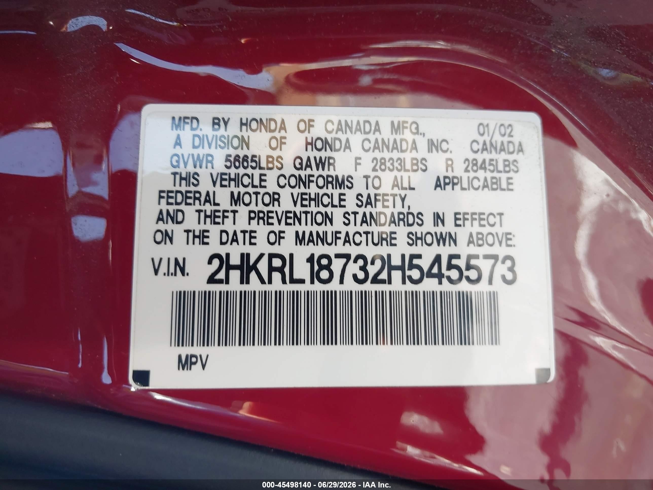 2002 Honda Odyssey Ex-l Red vin: 2HKRL18732H545573