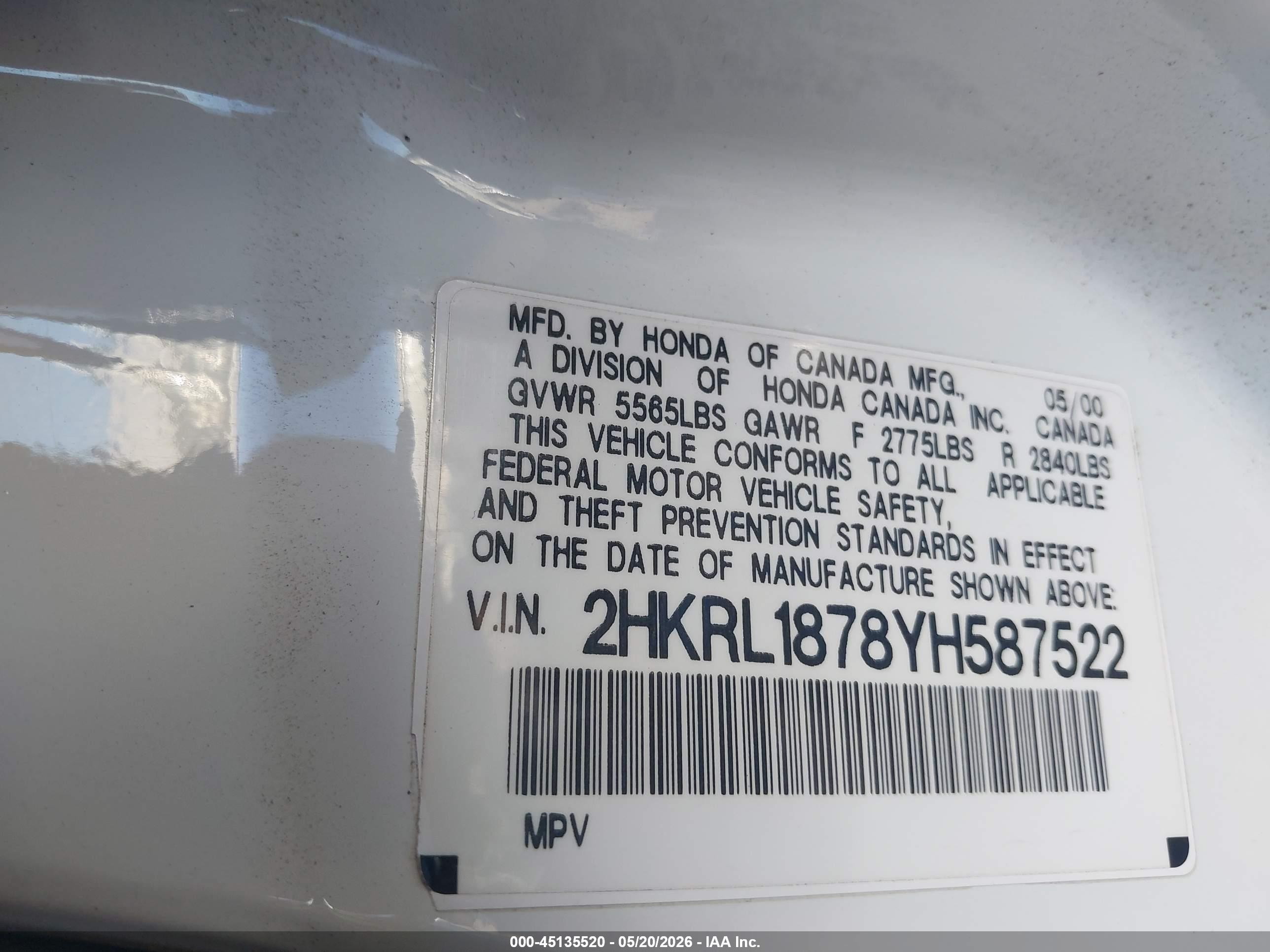 2000 Honda Odyssey Ex White vin: 2HKRL1878YH587522
