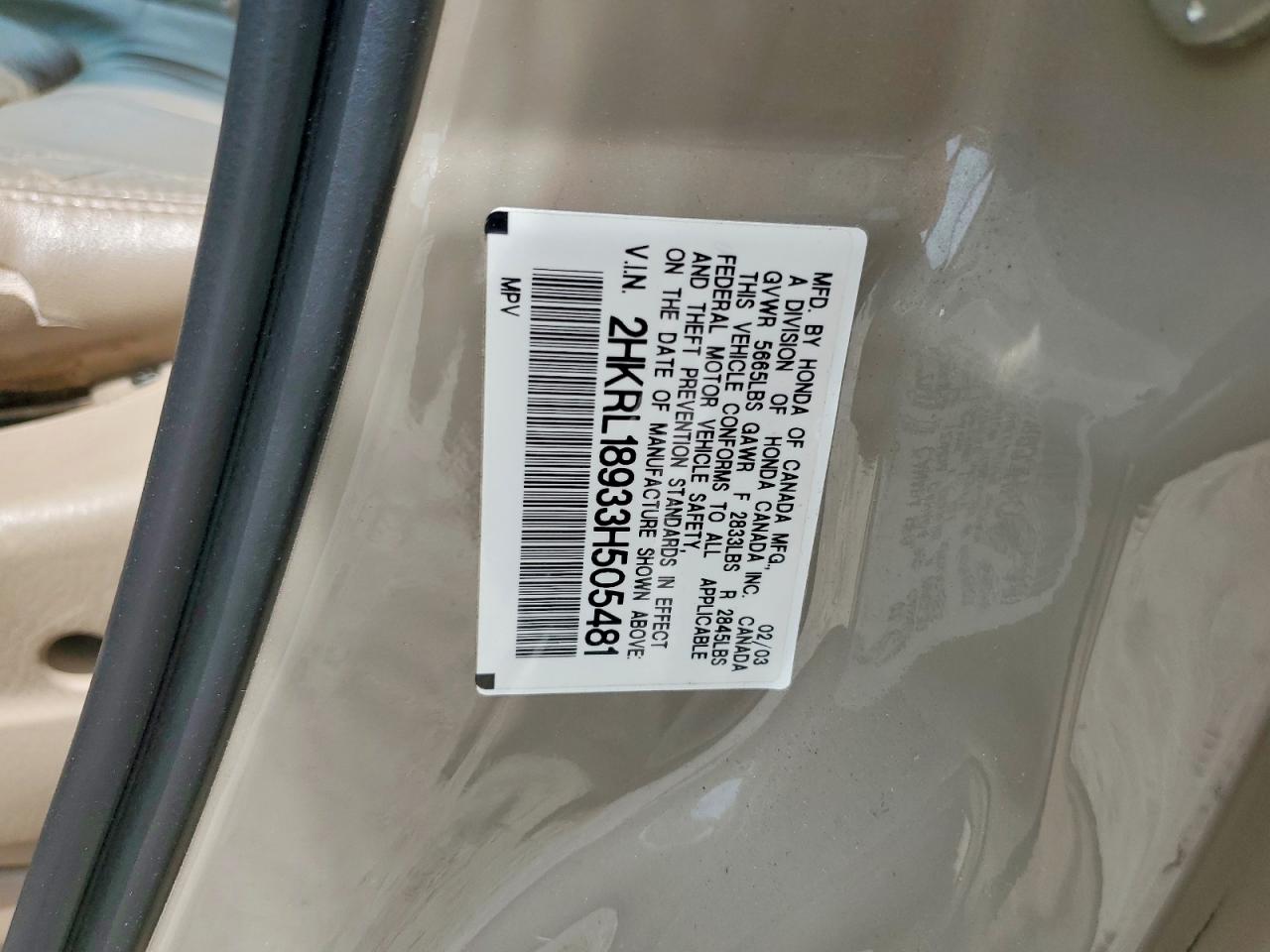 2003 Honda Odyssey Exl Beige vin: 2HKRL18933H505481