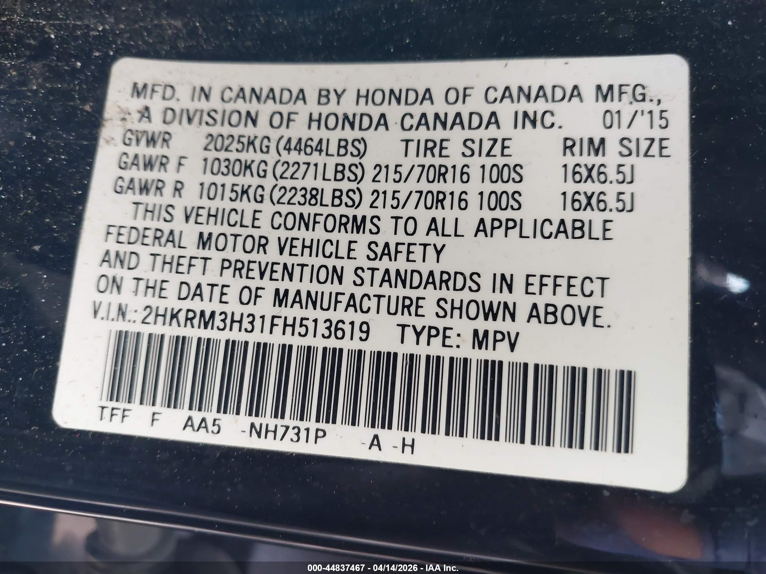 2015 Honda Cr-v Lx Black vin: 2HKRM3H31FH513619