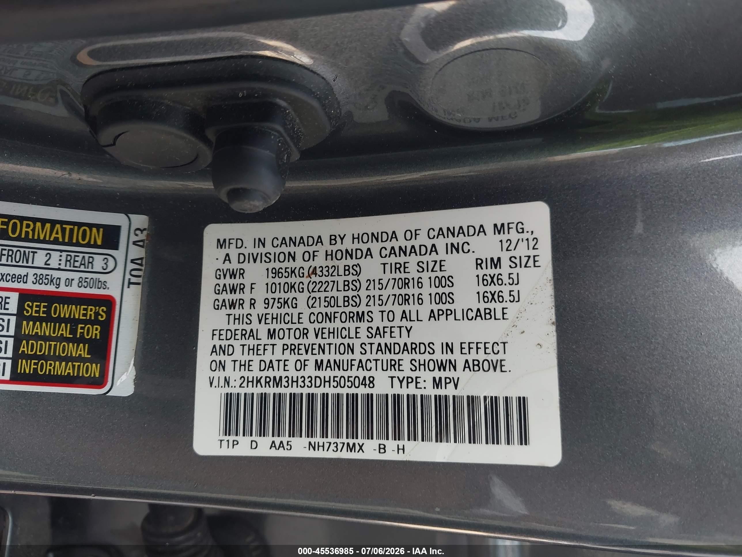 2013 Honda Cr-v Lx Gray vin: 2HKRM3H33DH505048