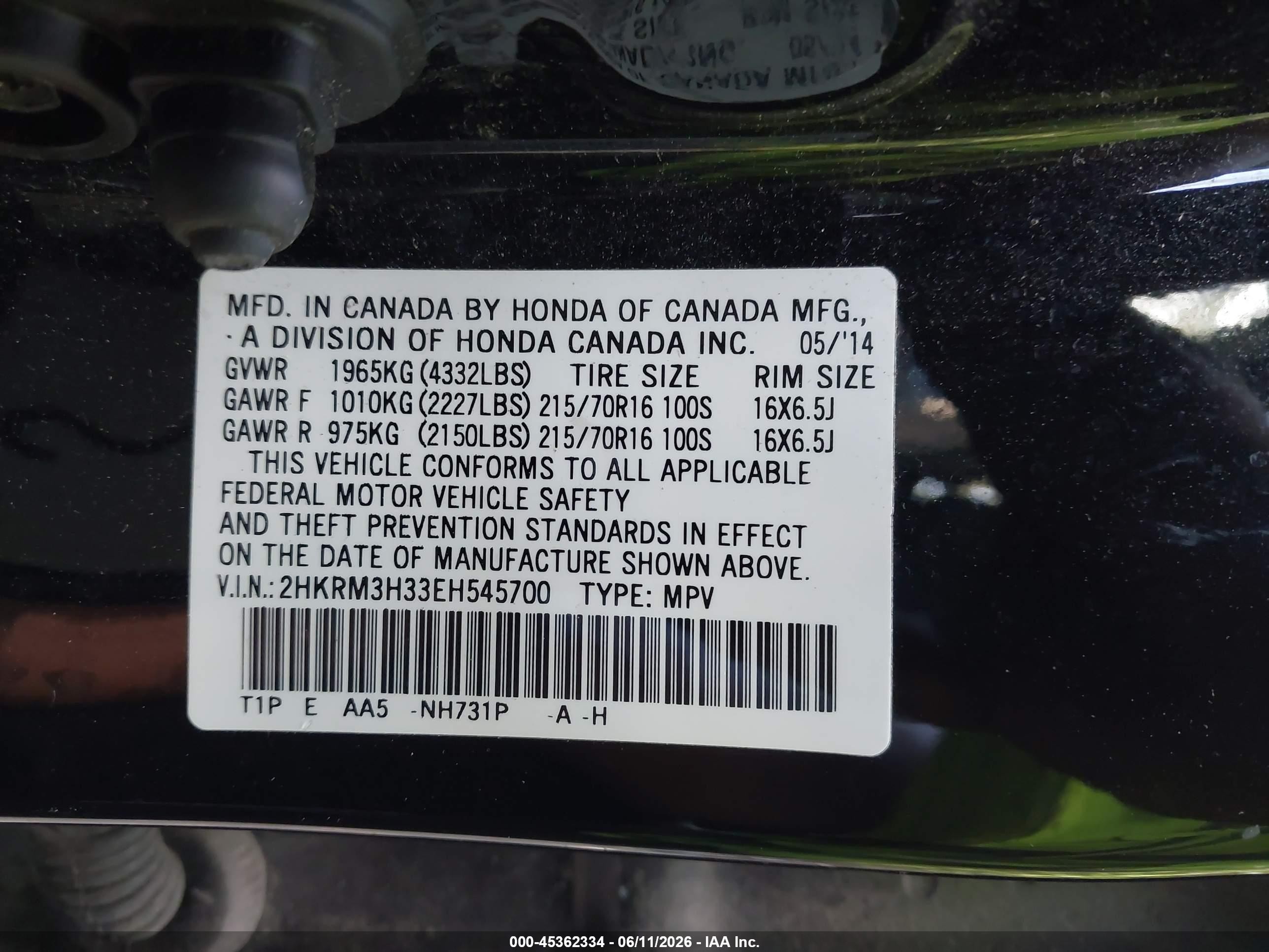 2014 Honda Cr-v Lx Black vin: 2HKRM3H33EH545700
