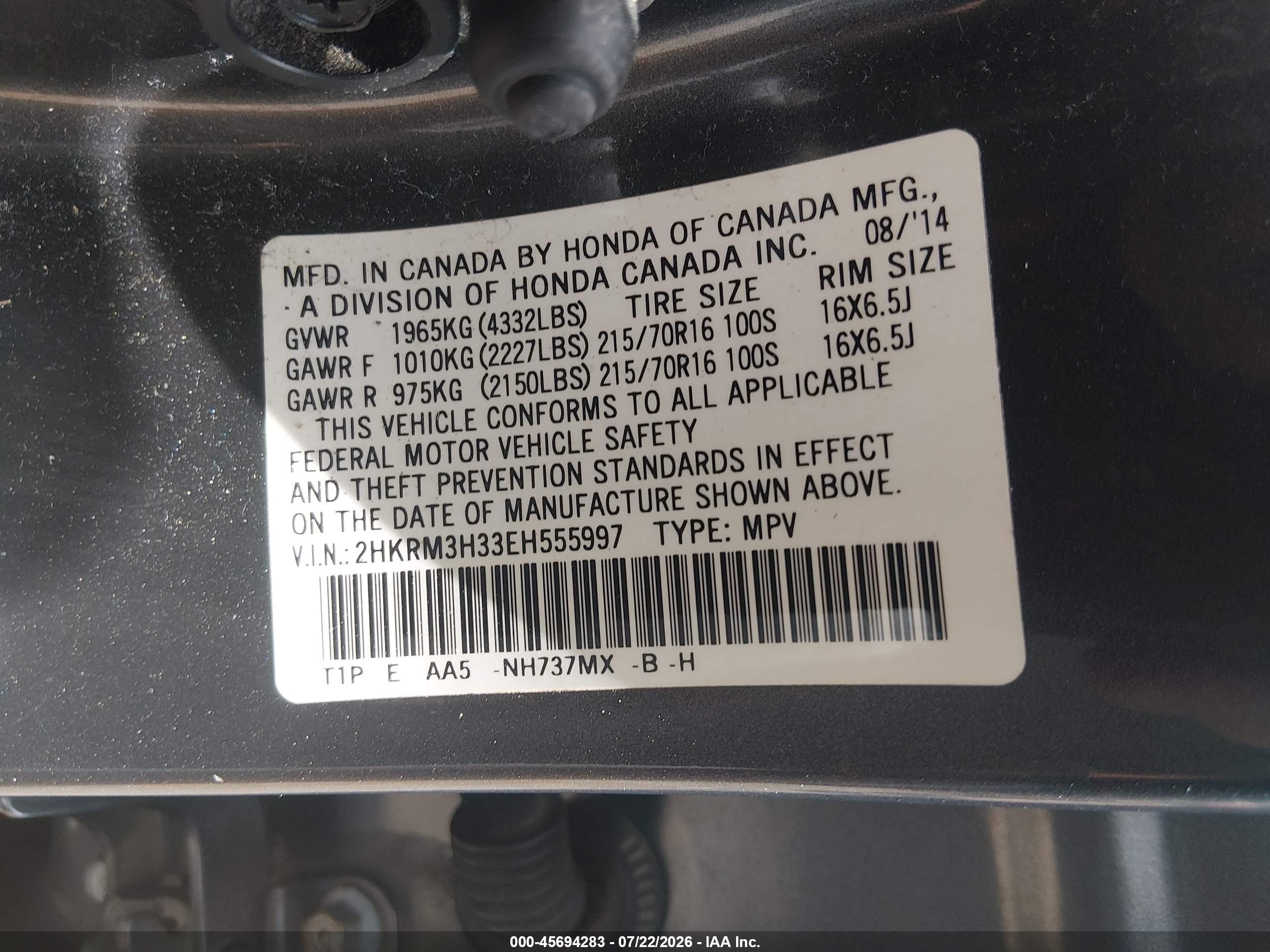 2014 Honda Cr-v Lx Gray vin: 2HKRM3H33EH555997