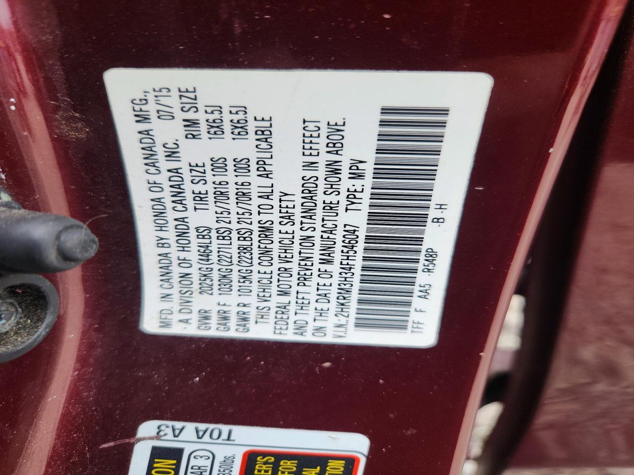 2015 Honda Cr-v Lx Burgundy vin: 2HKRM3H34FH546047