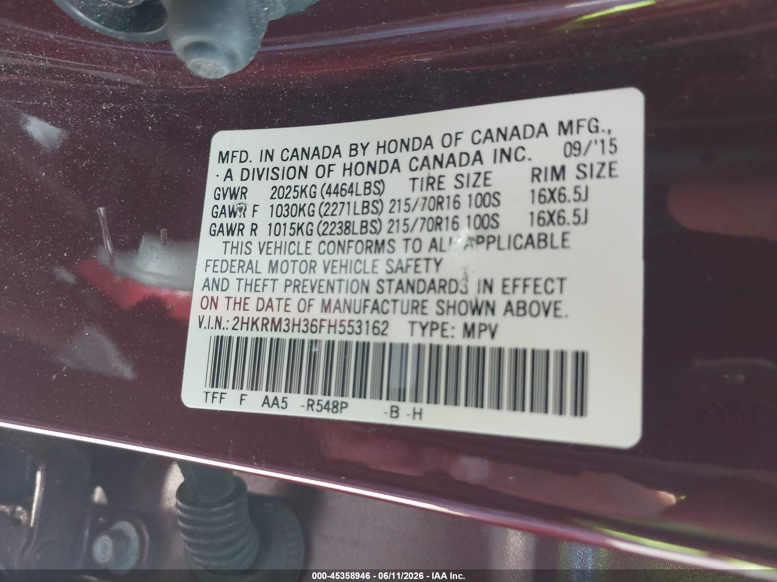 2015 Honda Cr-v Lx Burgundy vin: 2HKRM3H36FH553162