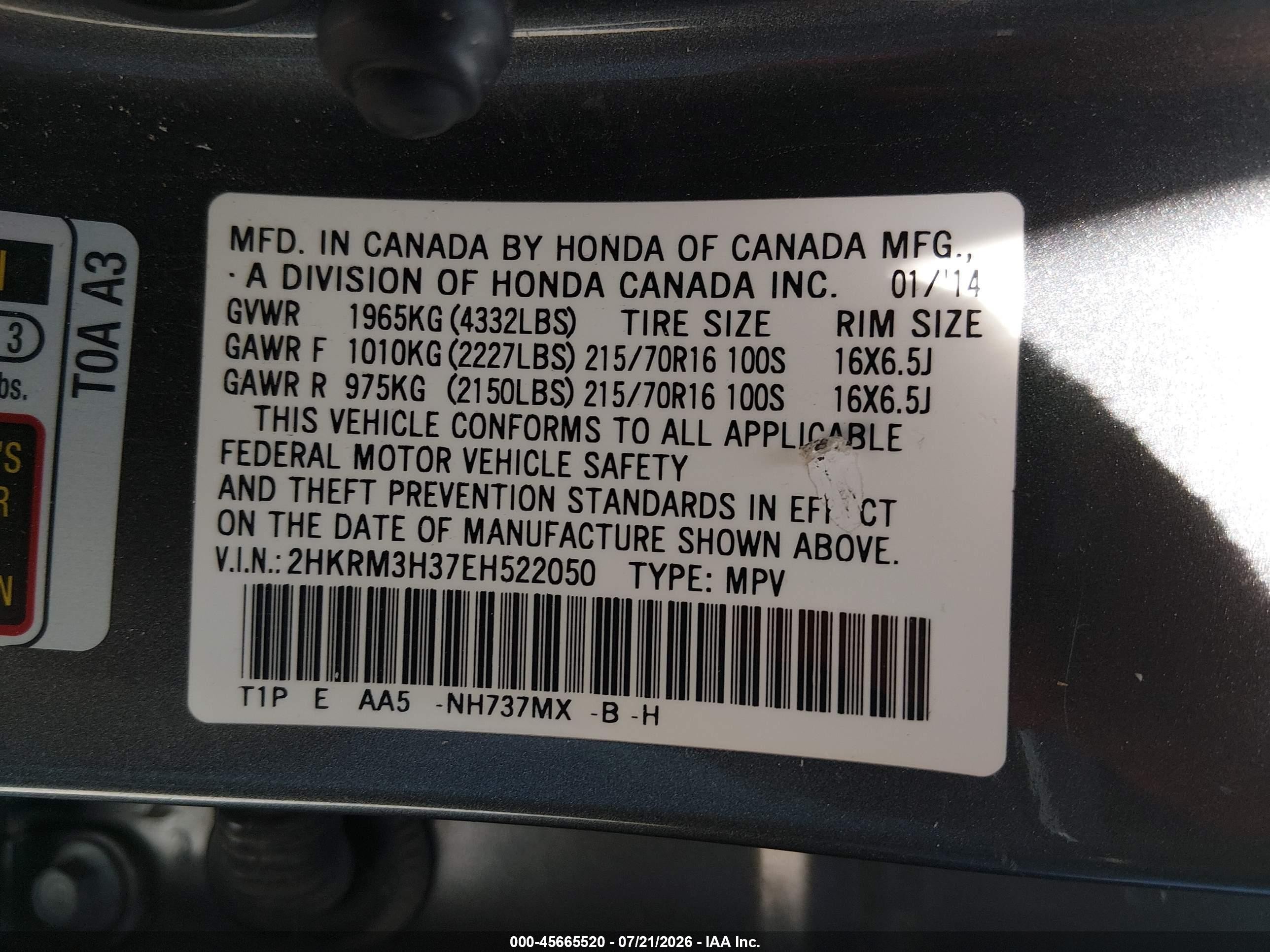 2014 Honda Cr-v Lx Gray vin: 2HKRM3H37EH522050