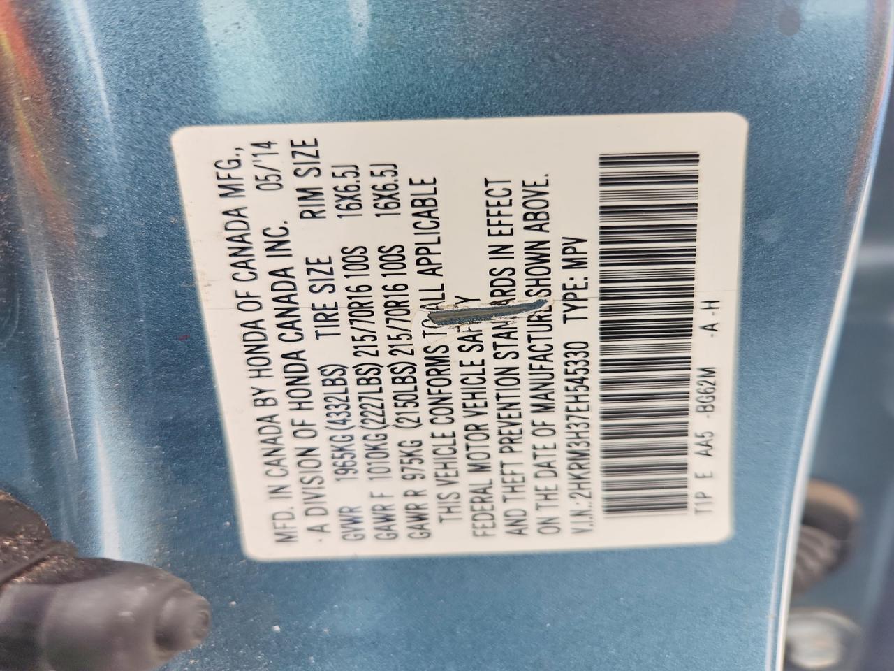 2014 Honda Cr-v Lx Turquoise vin: 2HKRM3H37EH545330
