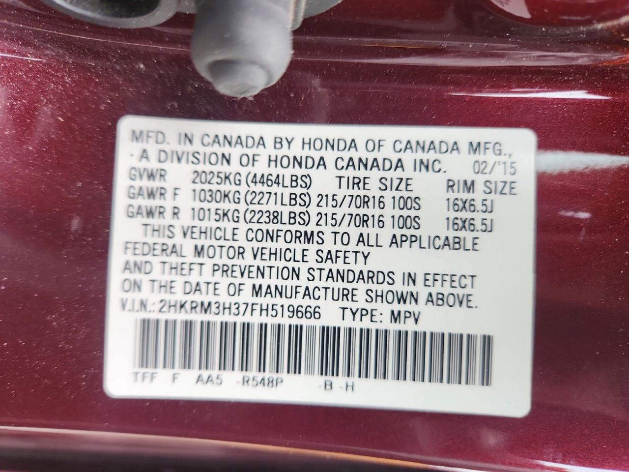 2015 Honda Cr-v Lx Burgundy vin: 2HKRM3H37FH519666