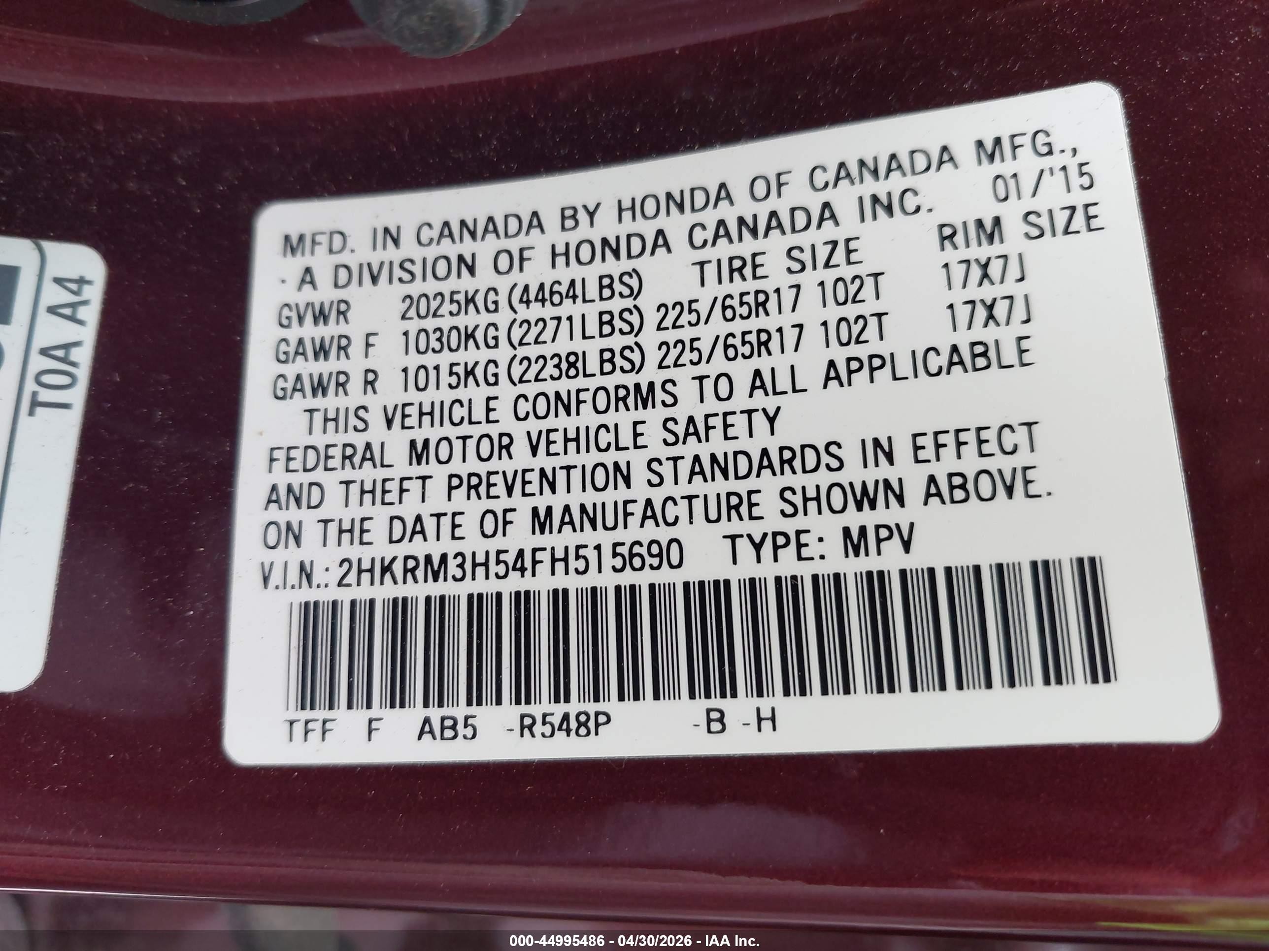 2015 Honda Cr-v Ex Burgundy vin: 2HKRM3H54FH515690