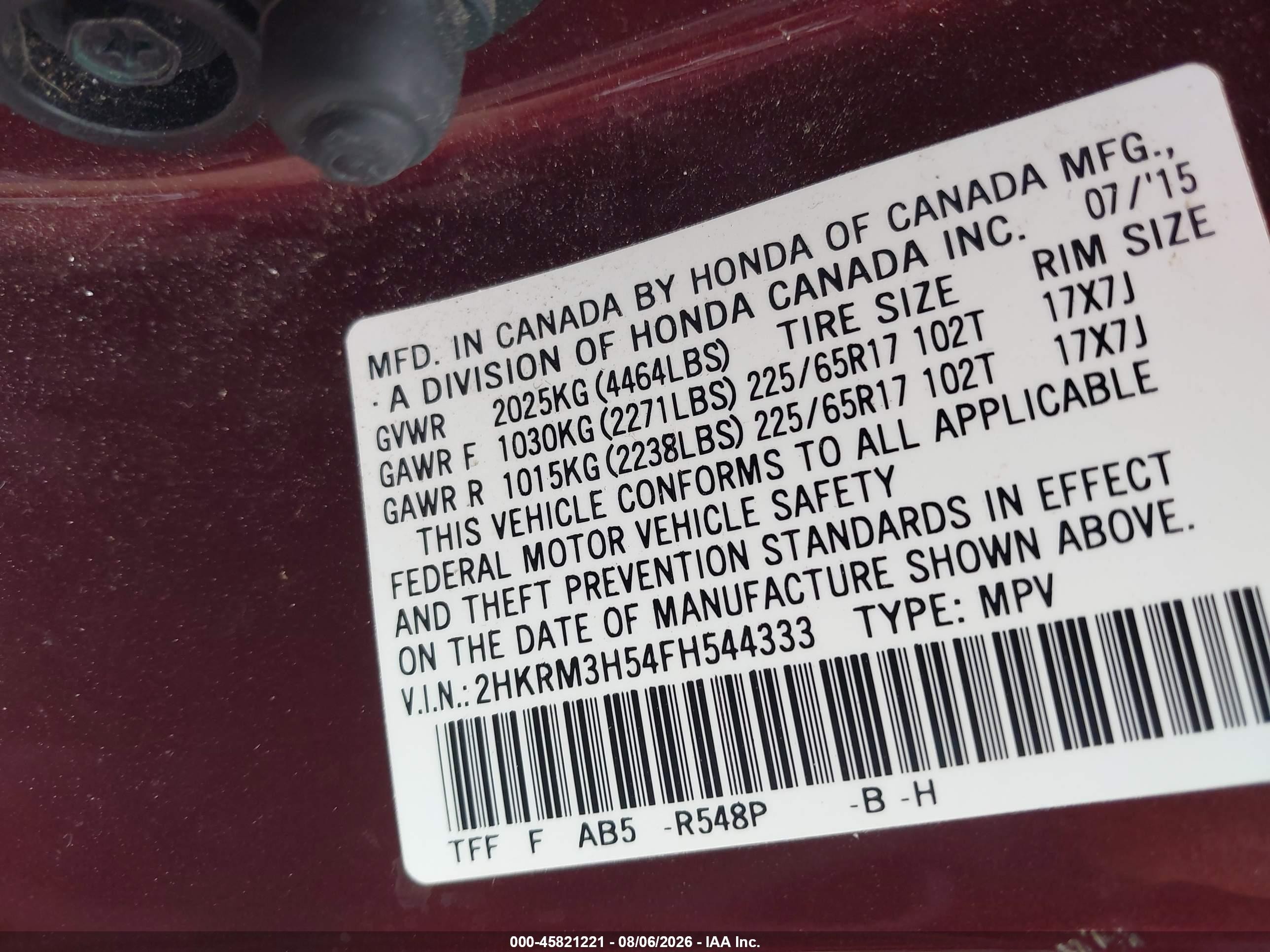 2015 Honda Cr-v Ex Burgundy vin: 2HKRM3H54FH544333
