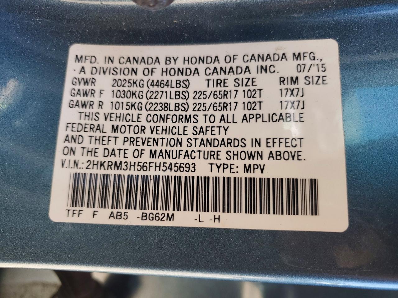 2015 Honda Cr-v Ex Blue vin: 2HKRM3H56FH545693