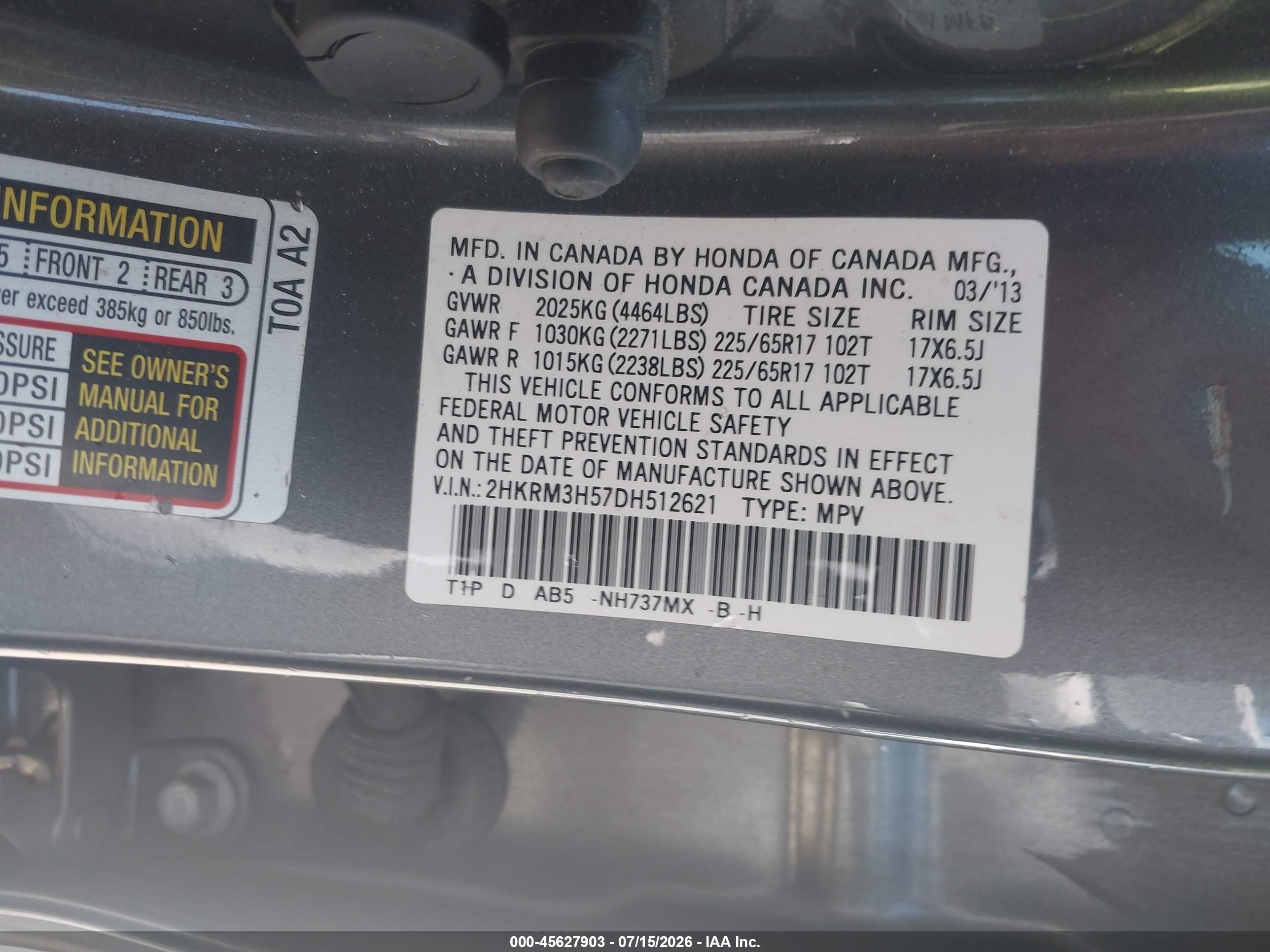 2013 Honda Cr-v Ex Gray vin: 2HKRM3H57DH512621