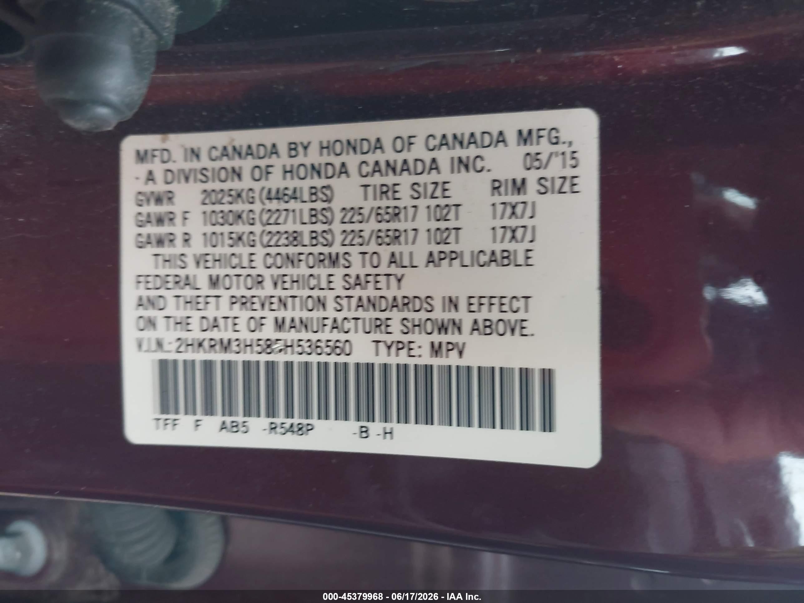 2015 Honda Cr-v Ex Burgundy vin: 2HKRM3H58FH536560
