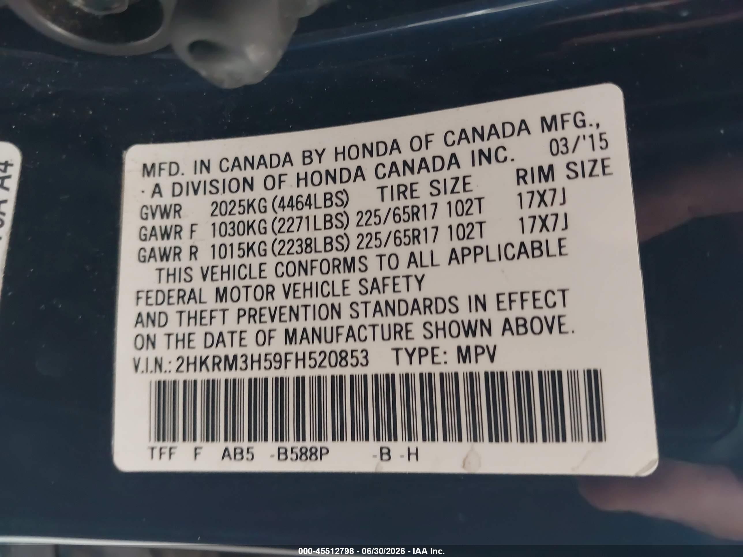 2015 Honda Cr-v Ex Blue vin: 2HKRM3H59FH520853