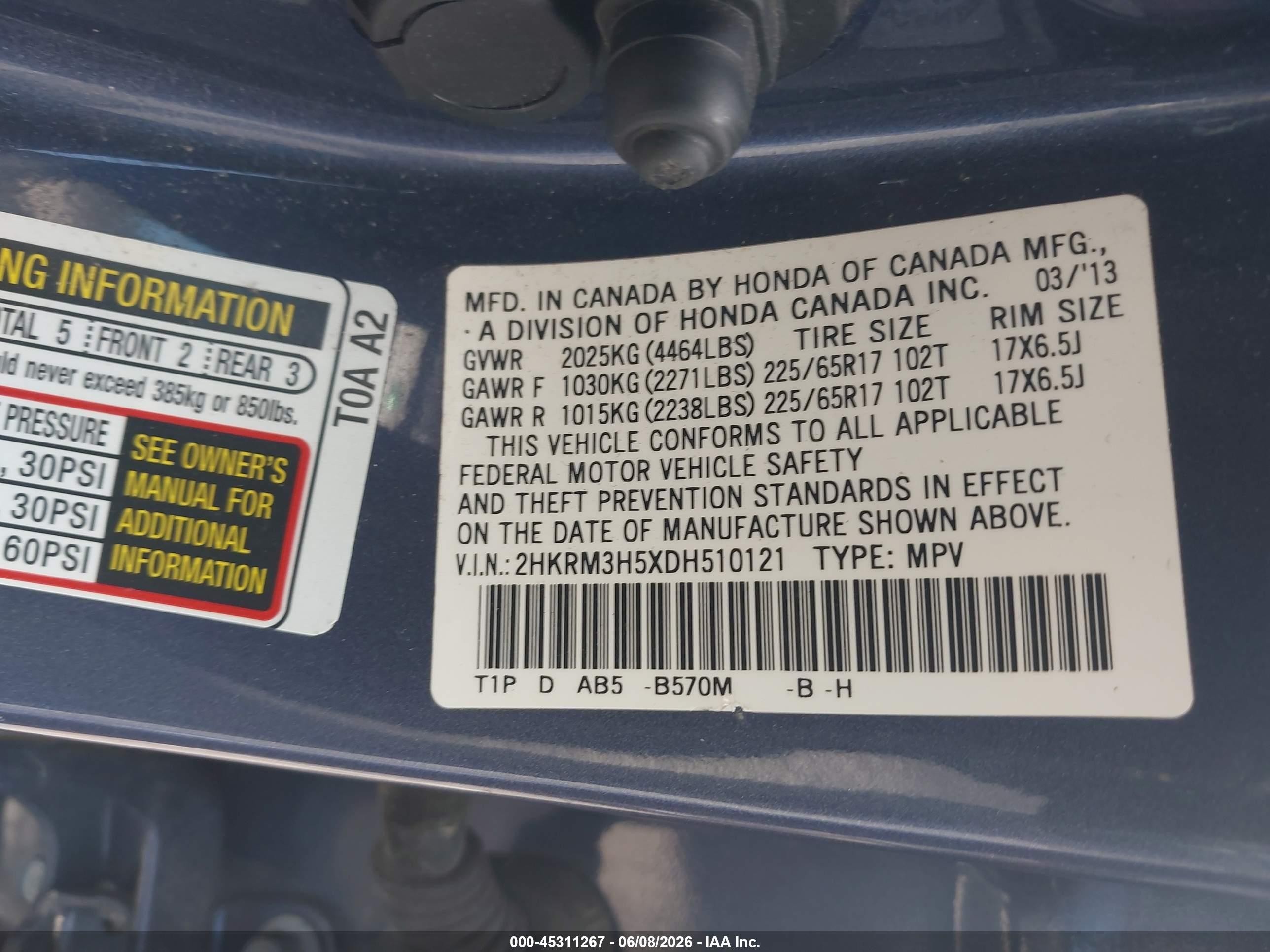 2013 Honda Cr-v Ex Blue vin: 2HKRM3H5XDH510121