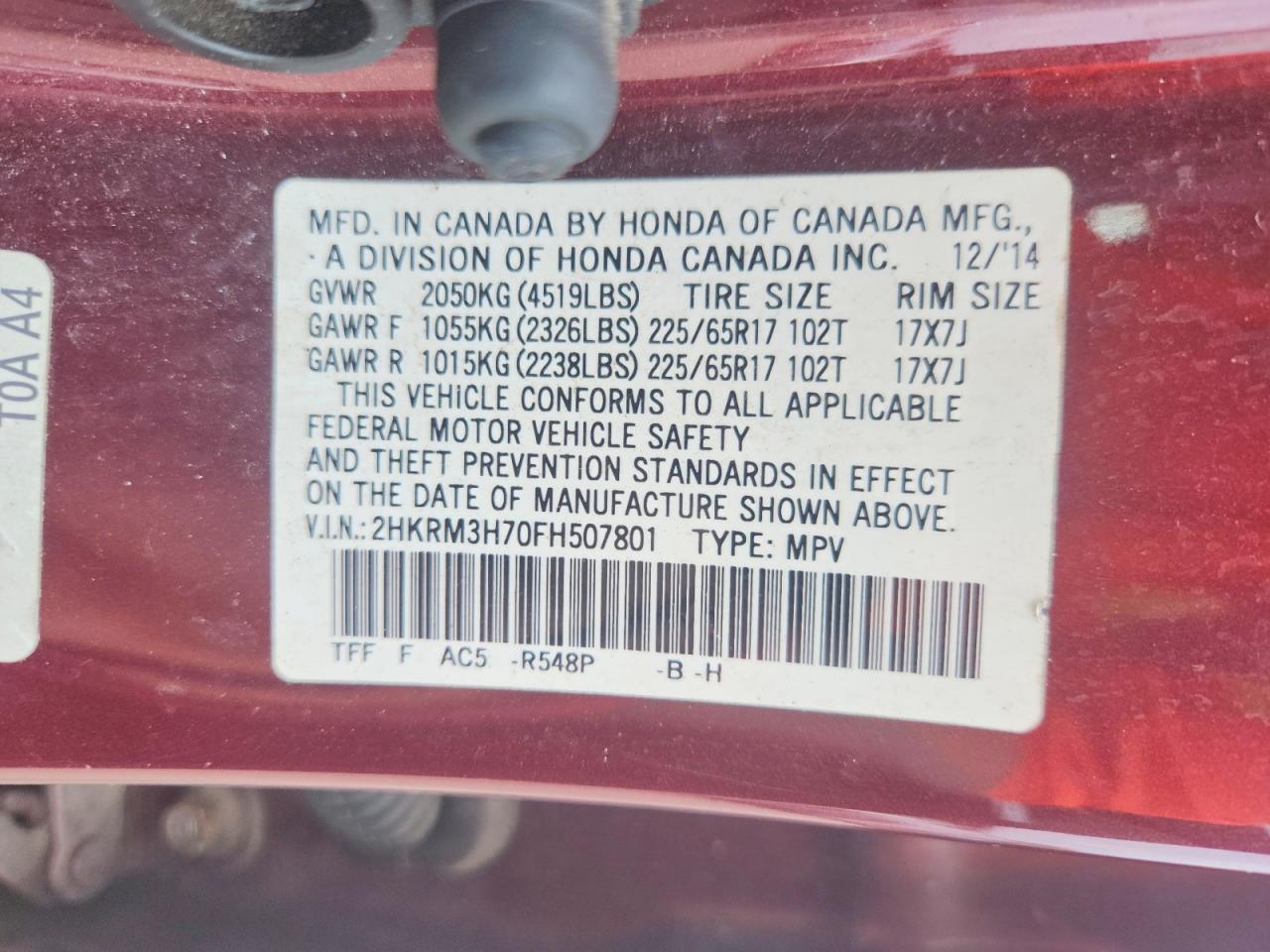 2015 Honda Cr-v Exl Burgundy vin: 2HKRM3H70FH507801