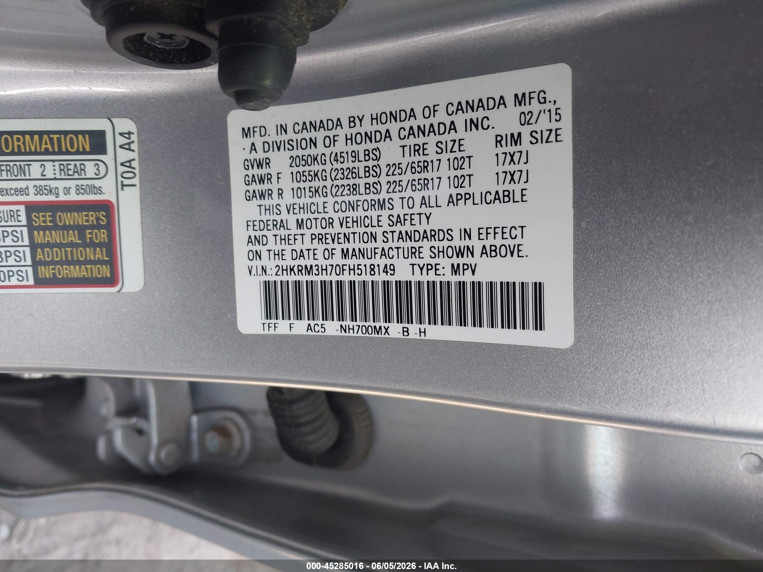 2015 Honda Cr-v Ex-l Silver vin: 2HKRM3H70FH518149