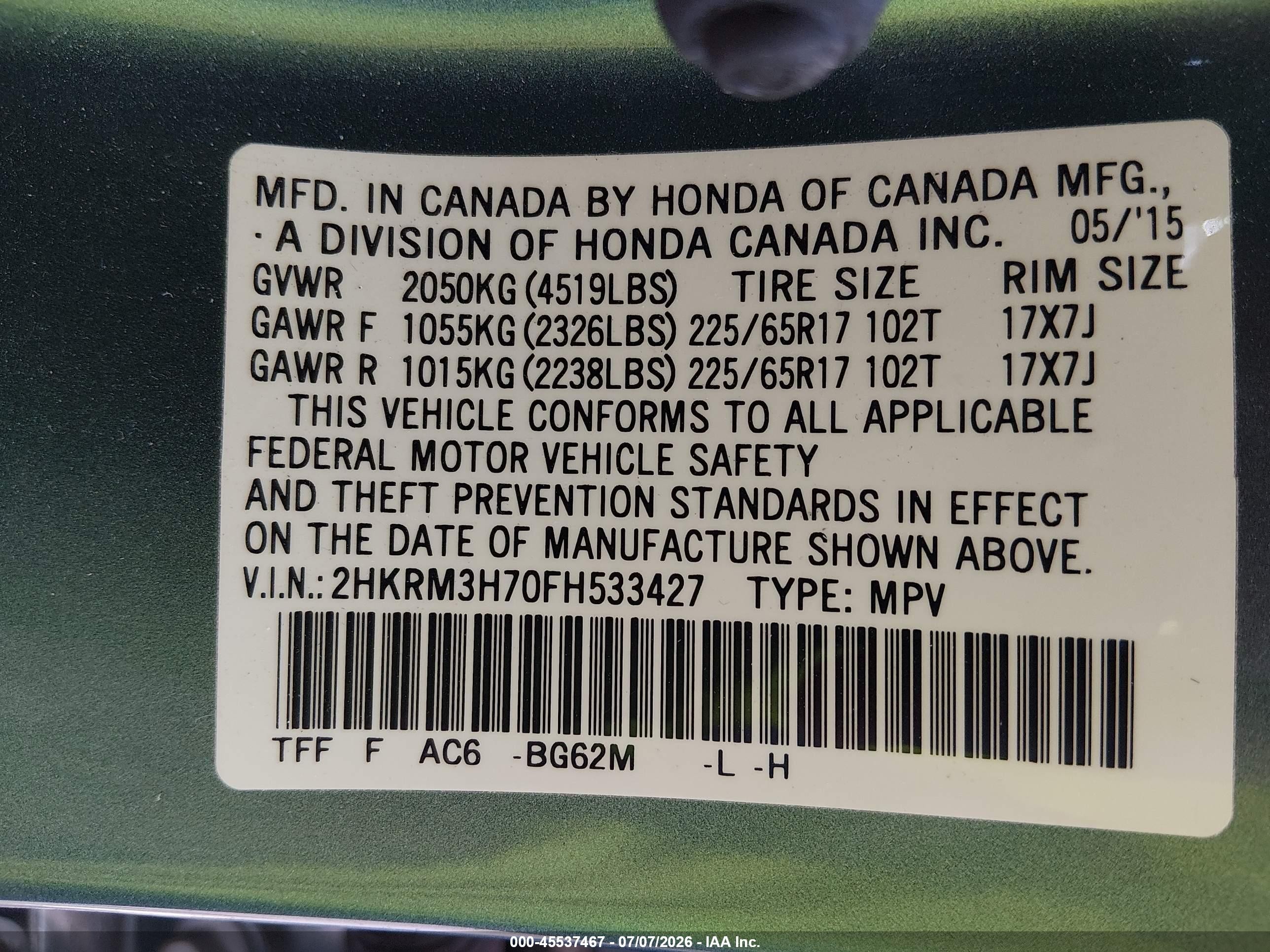 2015 Honda Cr-v Ex-l Blue vin: 2HKRM3H70FH533427