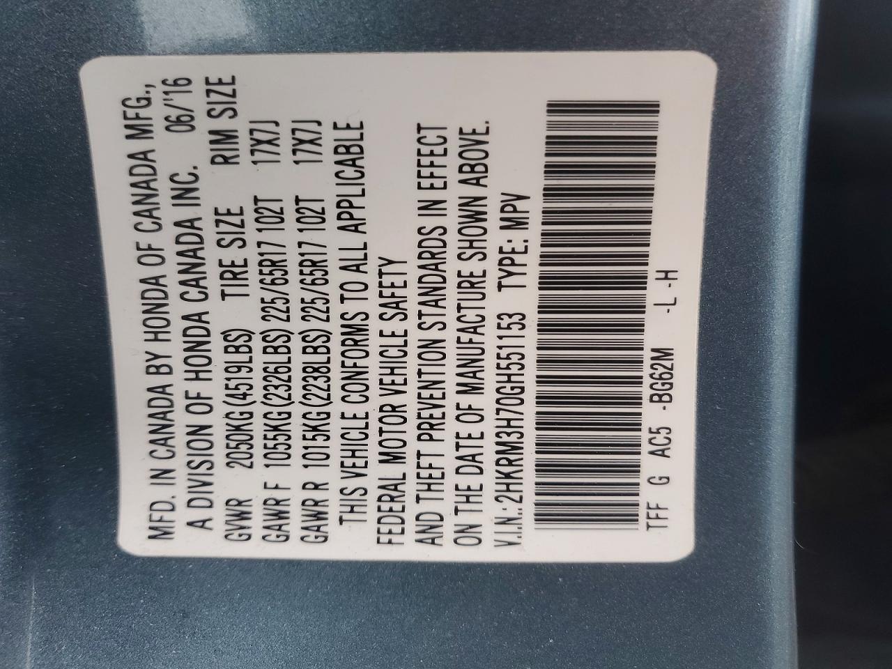 2016 Honda Cr-v Exl Turquoise vin: 2HKRM3H70GH551153