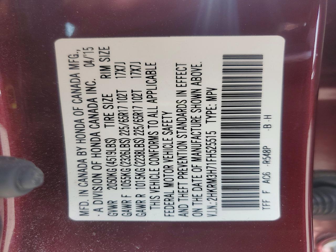 2015 Honda Cr-v Exl Maroon vin: 2HKRM3H71FH525515