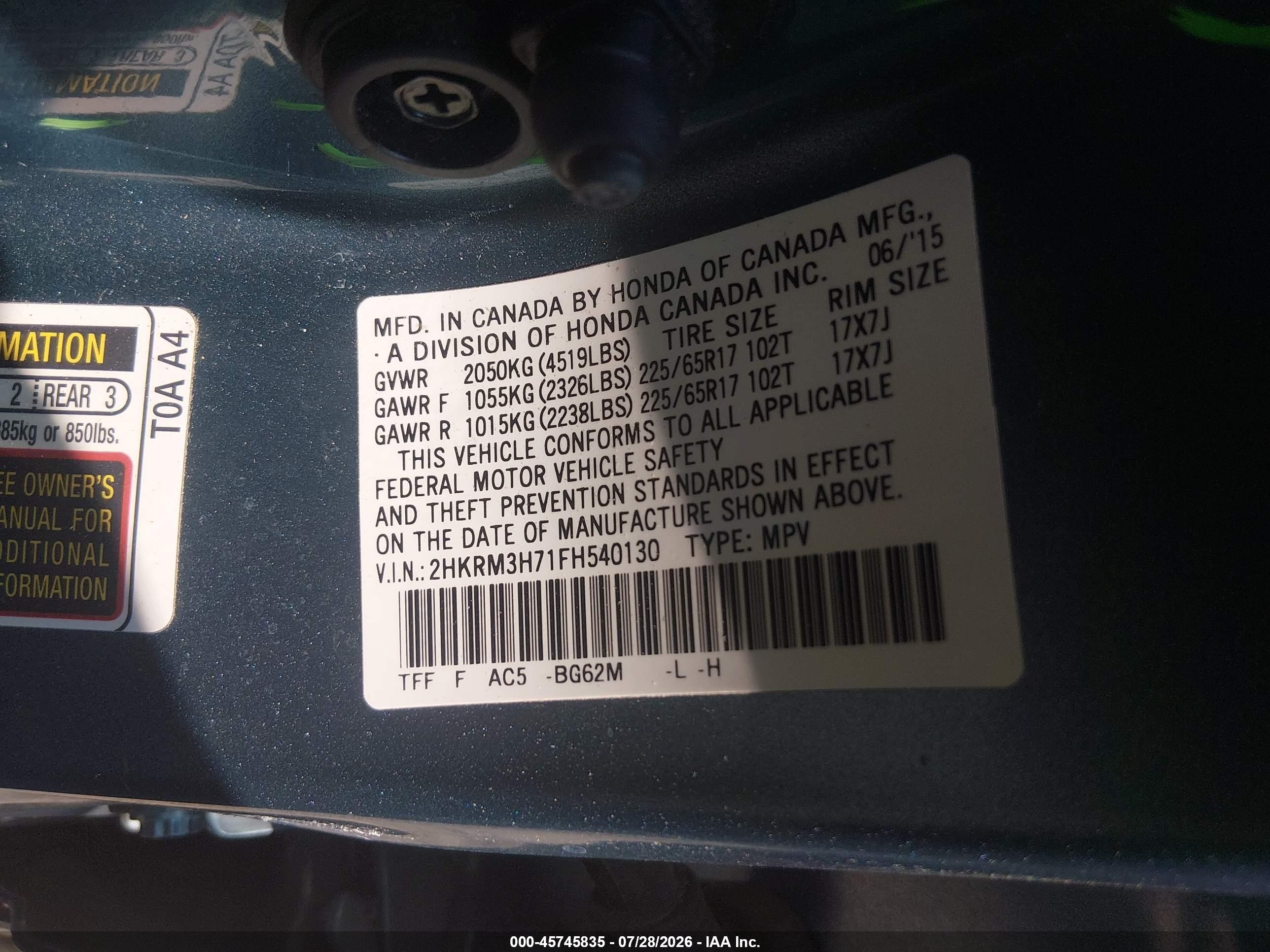 2015 Honda Cr-v Ex-l Light Blue vin: 2HKRM3H71FH540130