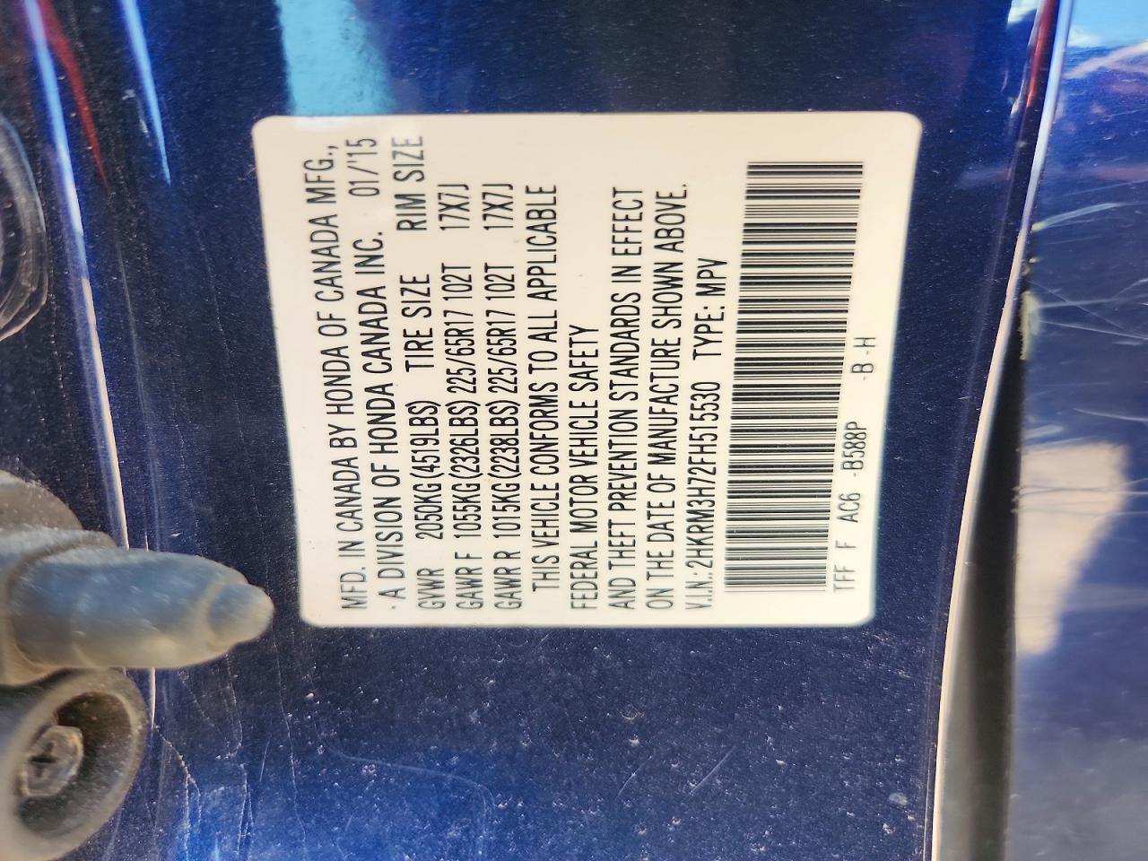 2015 Honda Cr-v Exl Blue vin: 2HKRM3H72FH515530