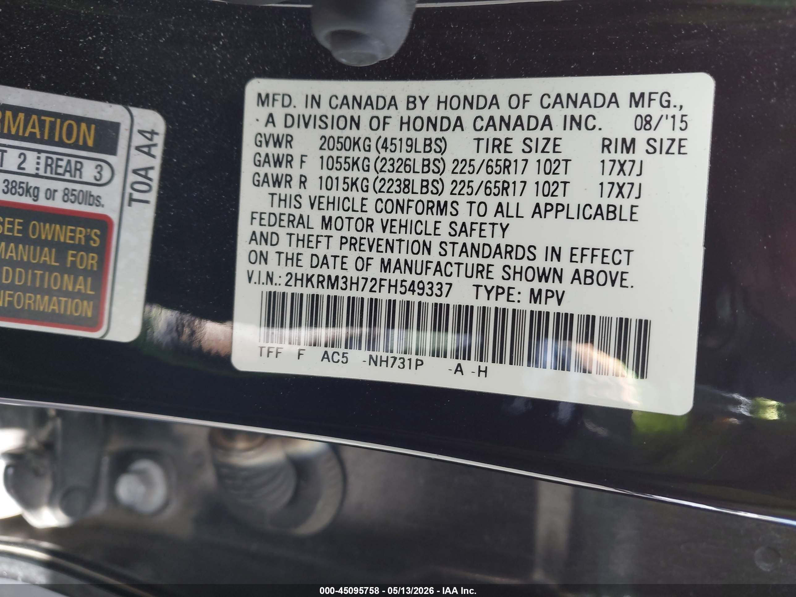 2015 Honda Cr-v Ex-l Black vin: 2HKRM3H72FH549337